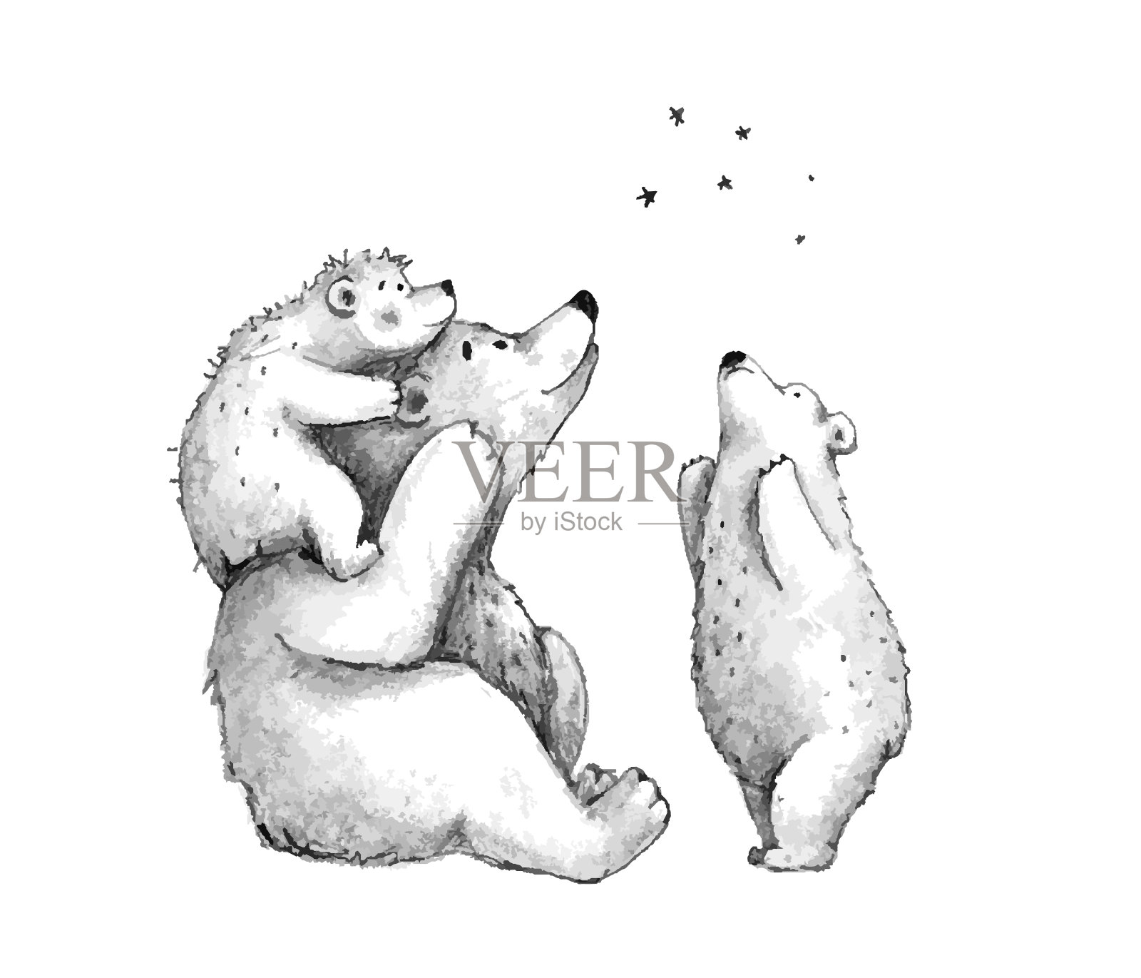 泰迪熊可爱的家庭素描看星星手绘素描卡通剪辑艺术。插画图片素材
