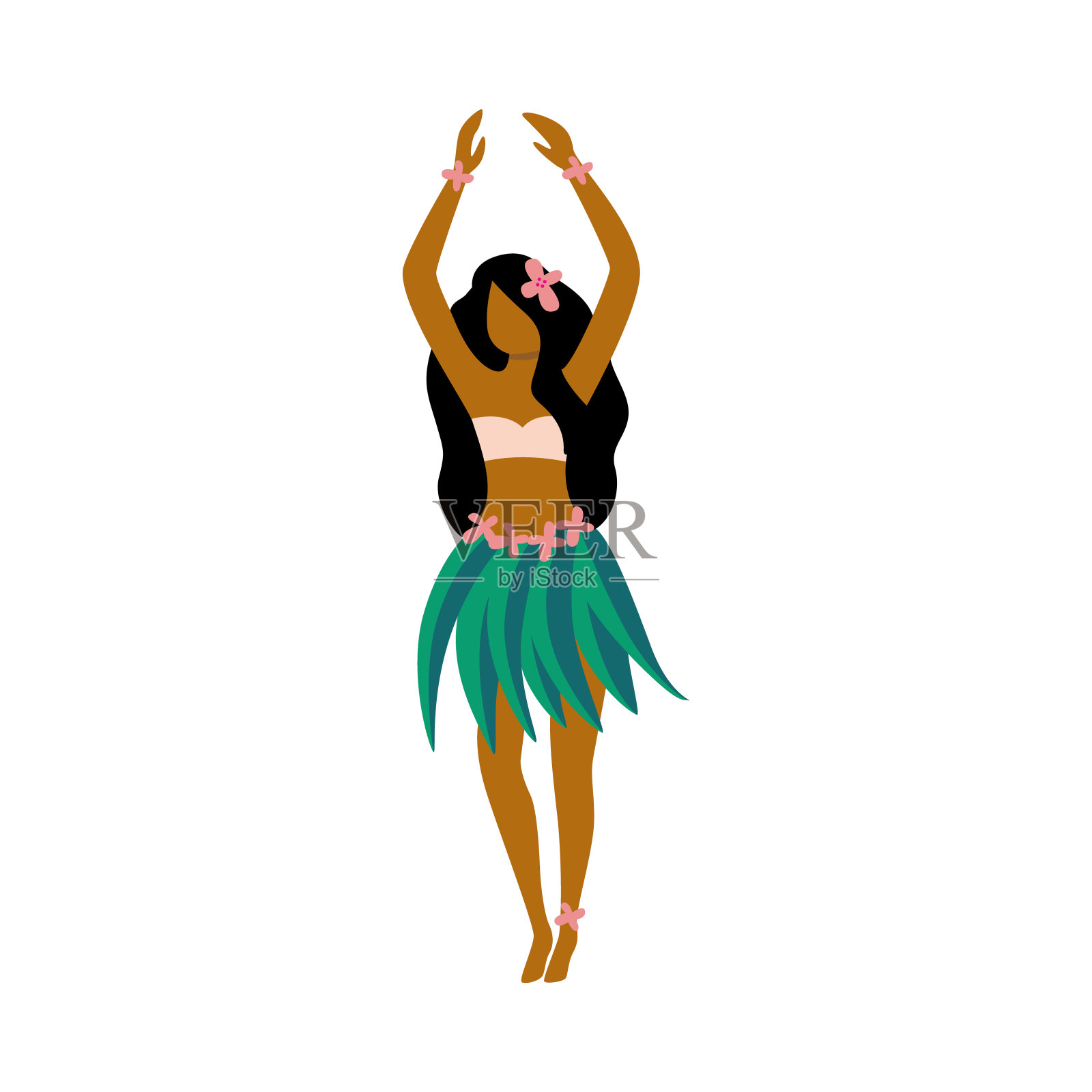 夏威夷草裙舞女孩的角色在裙子平面矢量插图孤立。插画图片素材
