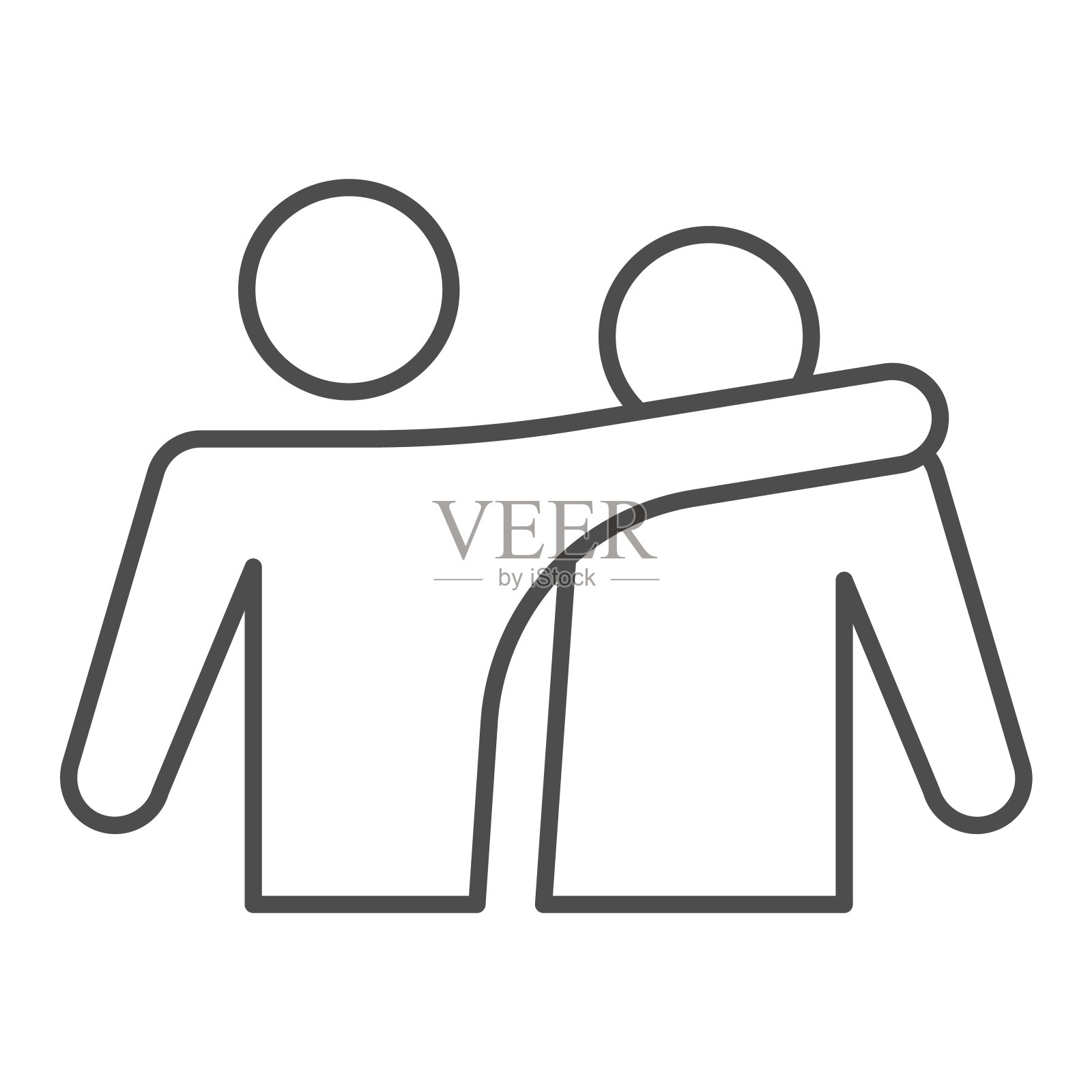 两个朋友细线图标。幸福的人紧紧拥抱，友谊的象征，轮廓风格的象形文字在白色的背景。手机概念和网页设计的关系标志。矢量图形。图标素材