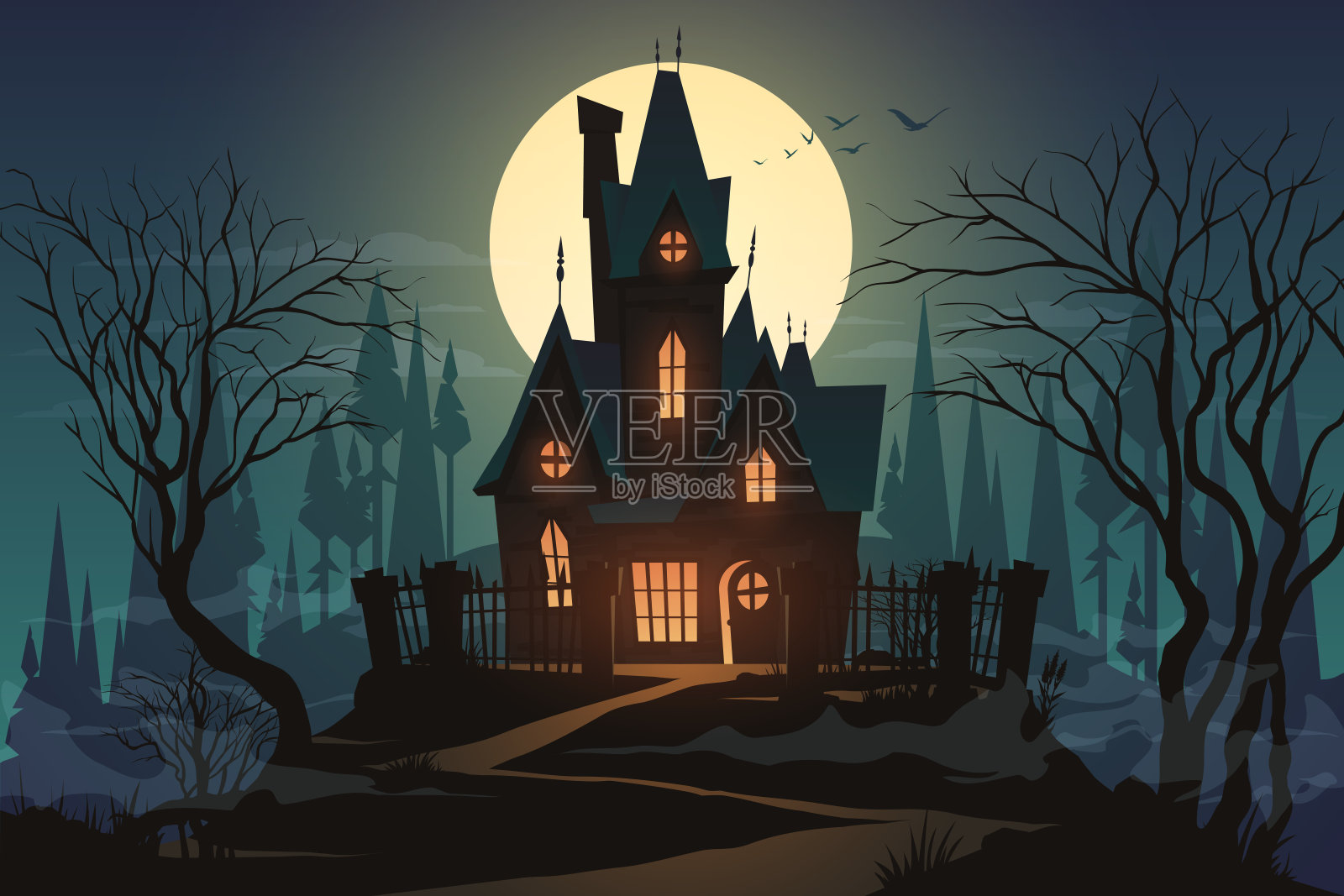 黑暗的万圣节房子与月亮插画图片素材