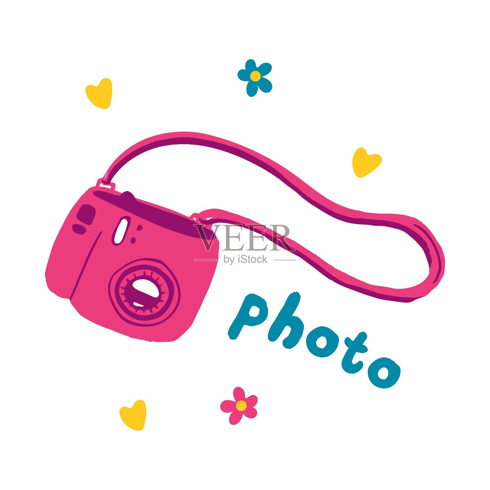 粉色照片女孩相机，时尚平底风格。32、旅行夏天的事，五彩缤纷的插画配件，与世隔绝插画图片素材