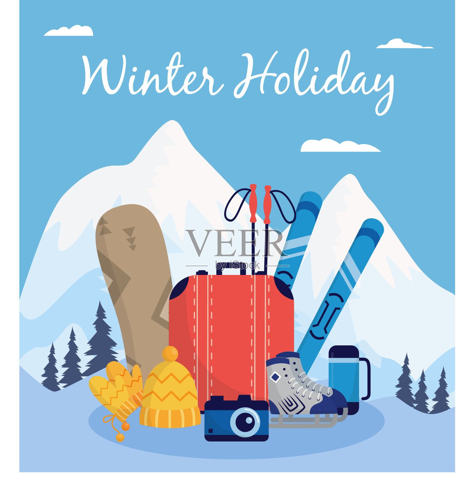 寒假海报-以雪山为背景的极限运动器材插画图片素材