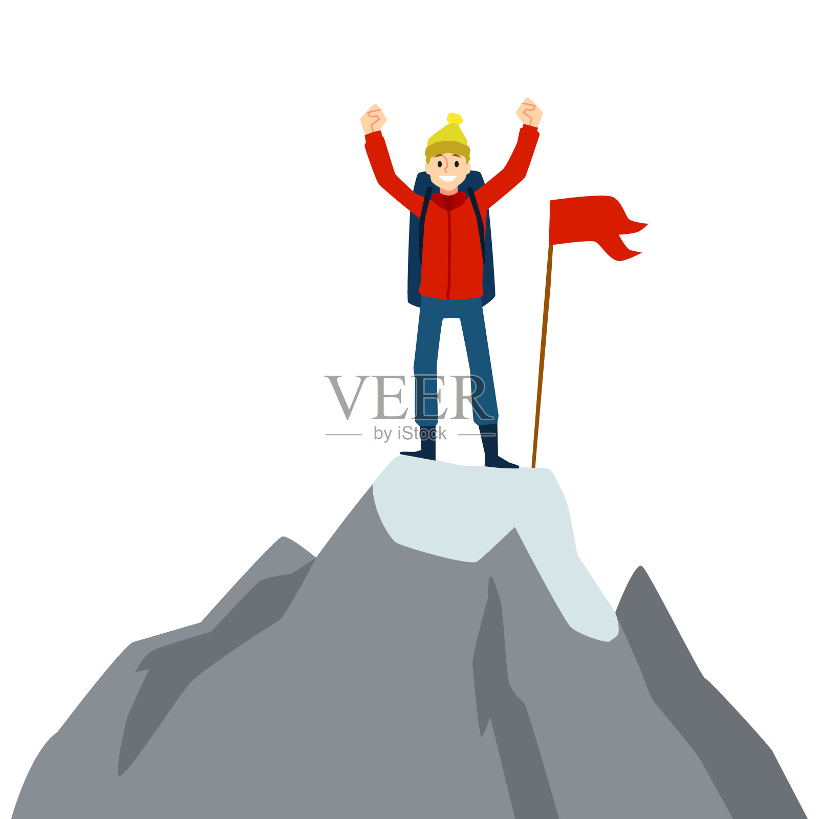 快乐的卡通人物举着红旗站在山顶上设计元素图片