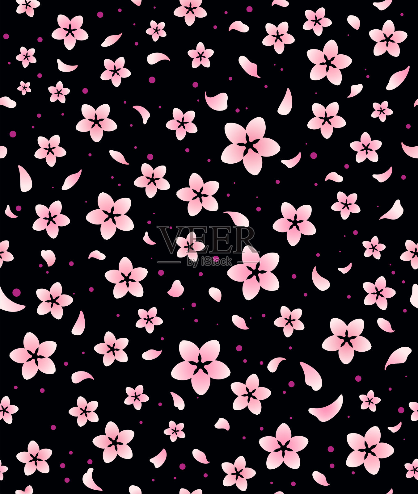 粉红色的樱花无缝矢量图案上的黑色背景。日本的春天樱花盛开的季节。插画图片素材