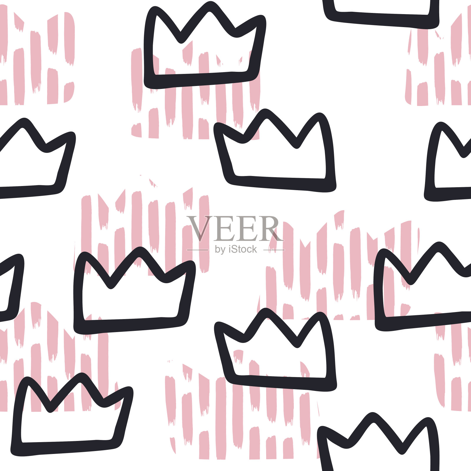 向量斯堪的纳维亚冠无缝模式。滑稽幼稚的黑色剪影和粉红色的笔划王冠孤立在白色的背景。用于织物、纺织品、纸张、婴儿淋浴卡的纹理打印。插画图片素材