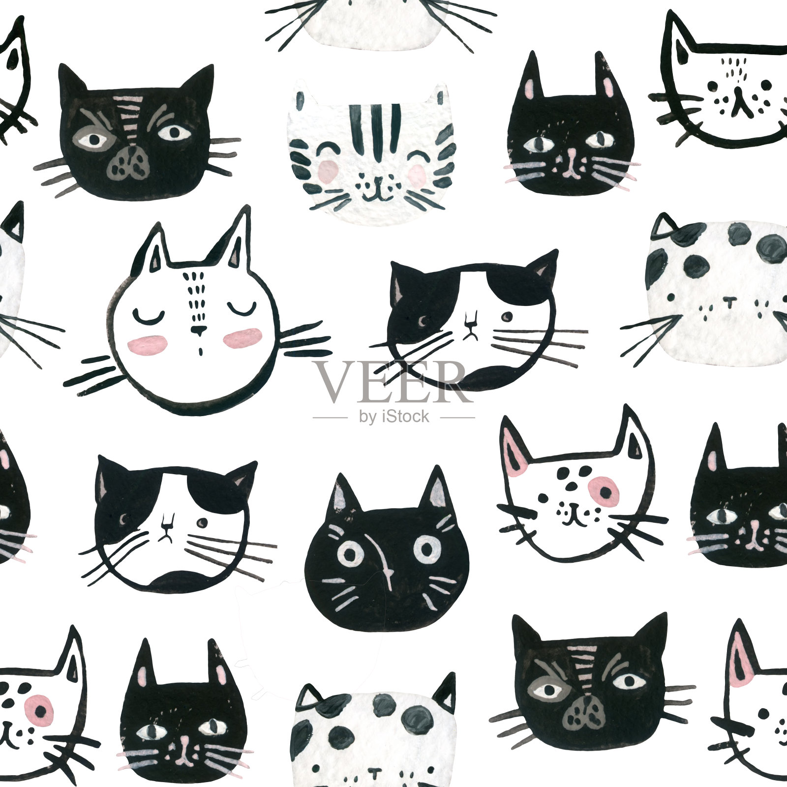 水彩画可爱的猫脸无缝图案。斯堪的纳维亚风格的托儿所设计。插画图片素材