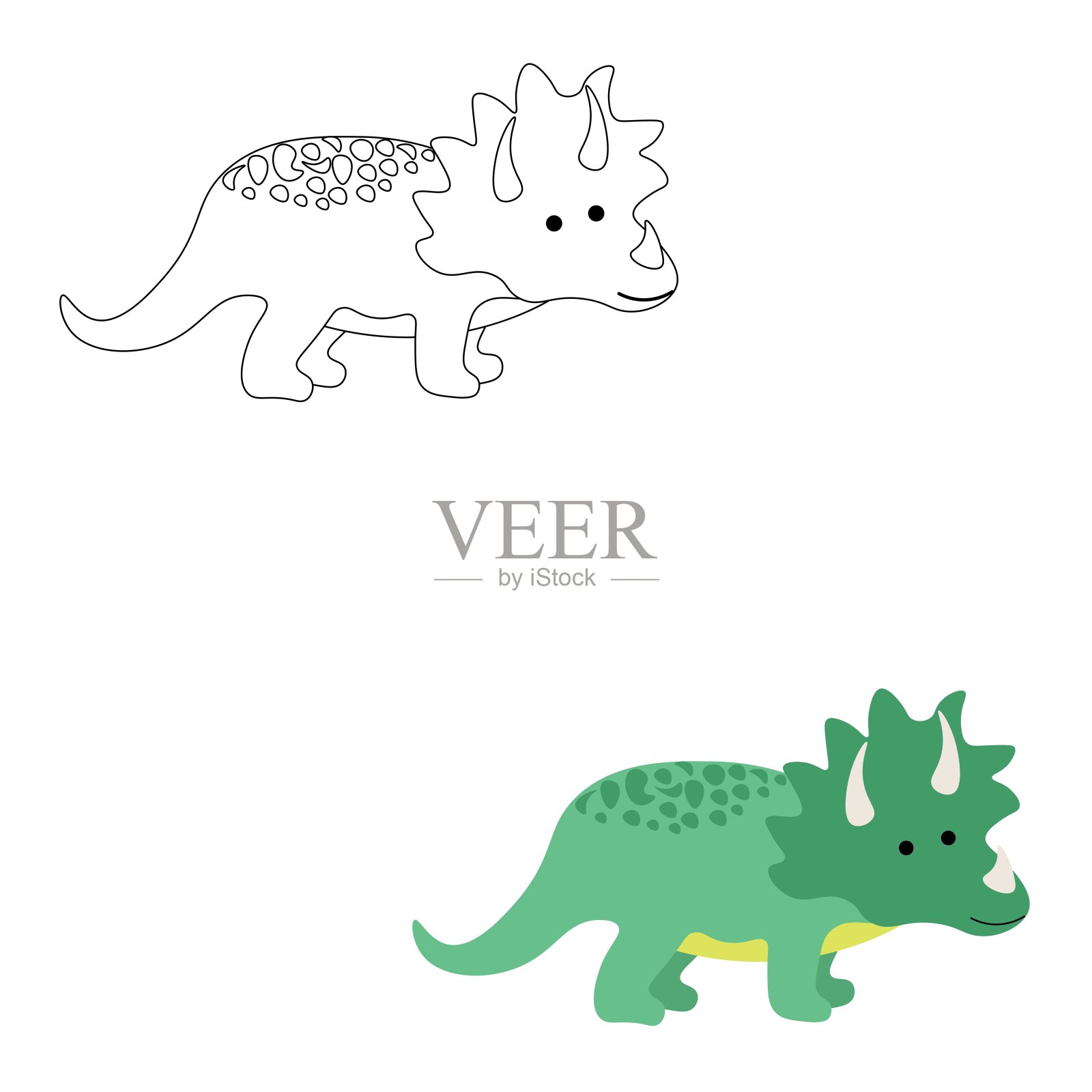 可爱的三角龙恐龙轮廓和颜色孤立在一个白色的背景。侏罗纪的动物。股票矢量插图装饰和设计，儿童书籍和着色书，贴纸插画图片素材