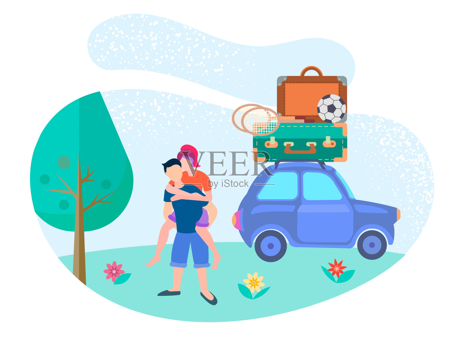 年轻夫妇在度假和旅行者的车装满了一个手提箱设计元素图片