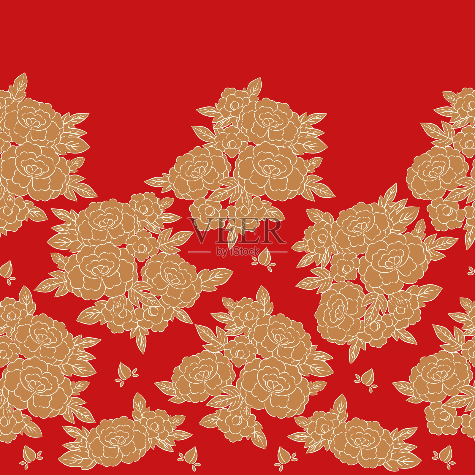 牡丹日本图案无缝矢量。东方边红色花背景。复古的金色印花衣服或裙子面料插画图片素材
