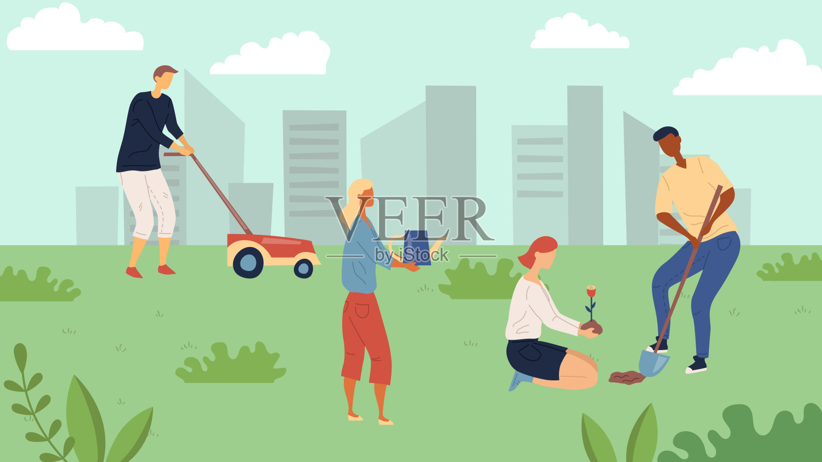 园艺的概念。人们园艺，修剪草坪，种植和浇花。一群快乐的人在以城市景观为背景的城市公园户外工作。卡通平面矢量插图插画图片素材