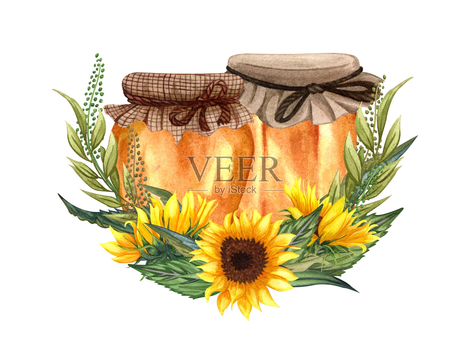 水彩健康蜂蜜玻璃瓶，向日葵花架。手绘有机食品插图插画图片素材
