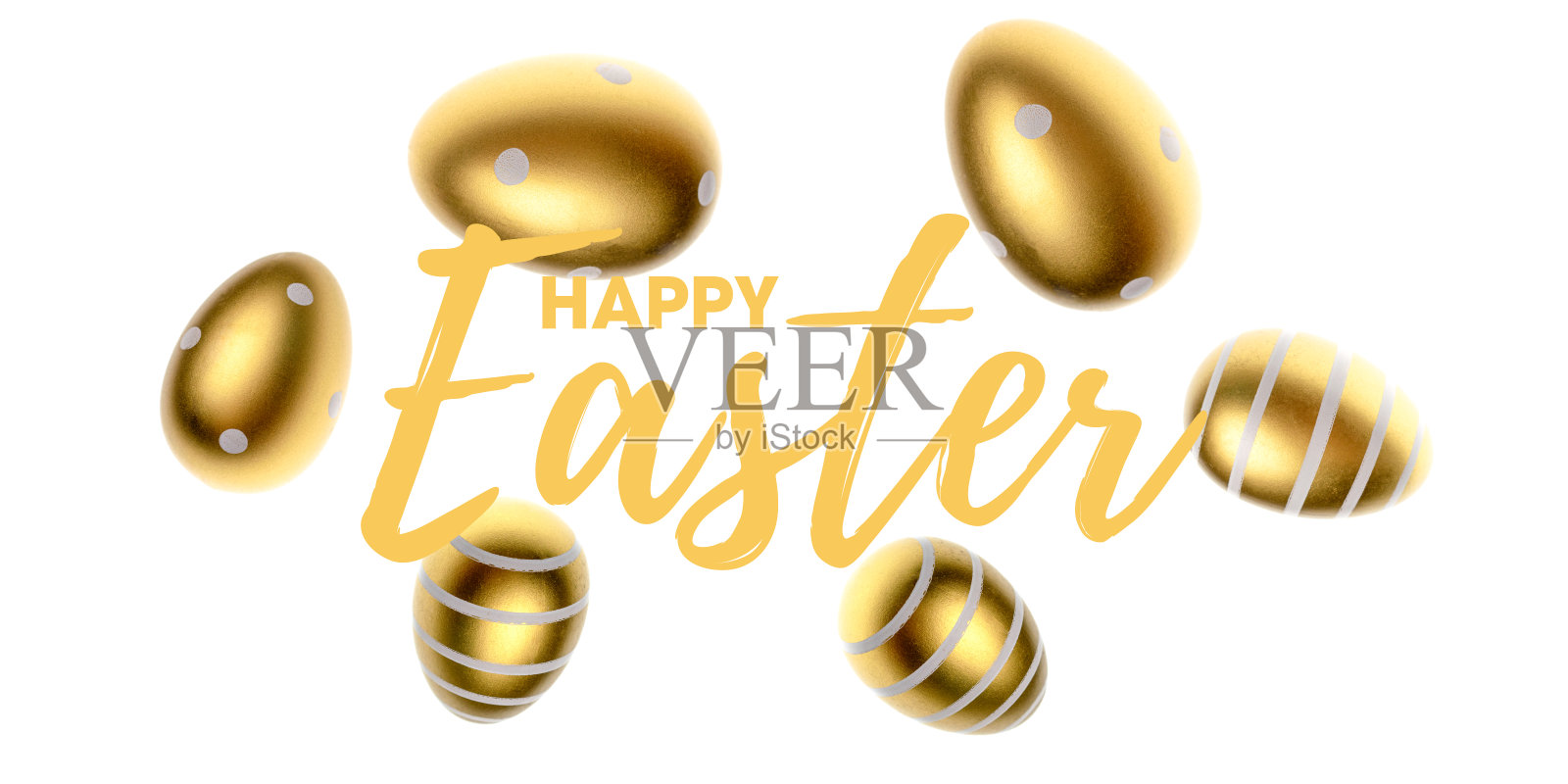 复活节快乐，金色的发光装饰蛋在形状框架孤立在白色的背景。用于贺卡，促销，海报，传单，网页横幅，文章插画图片素材