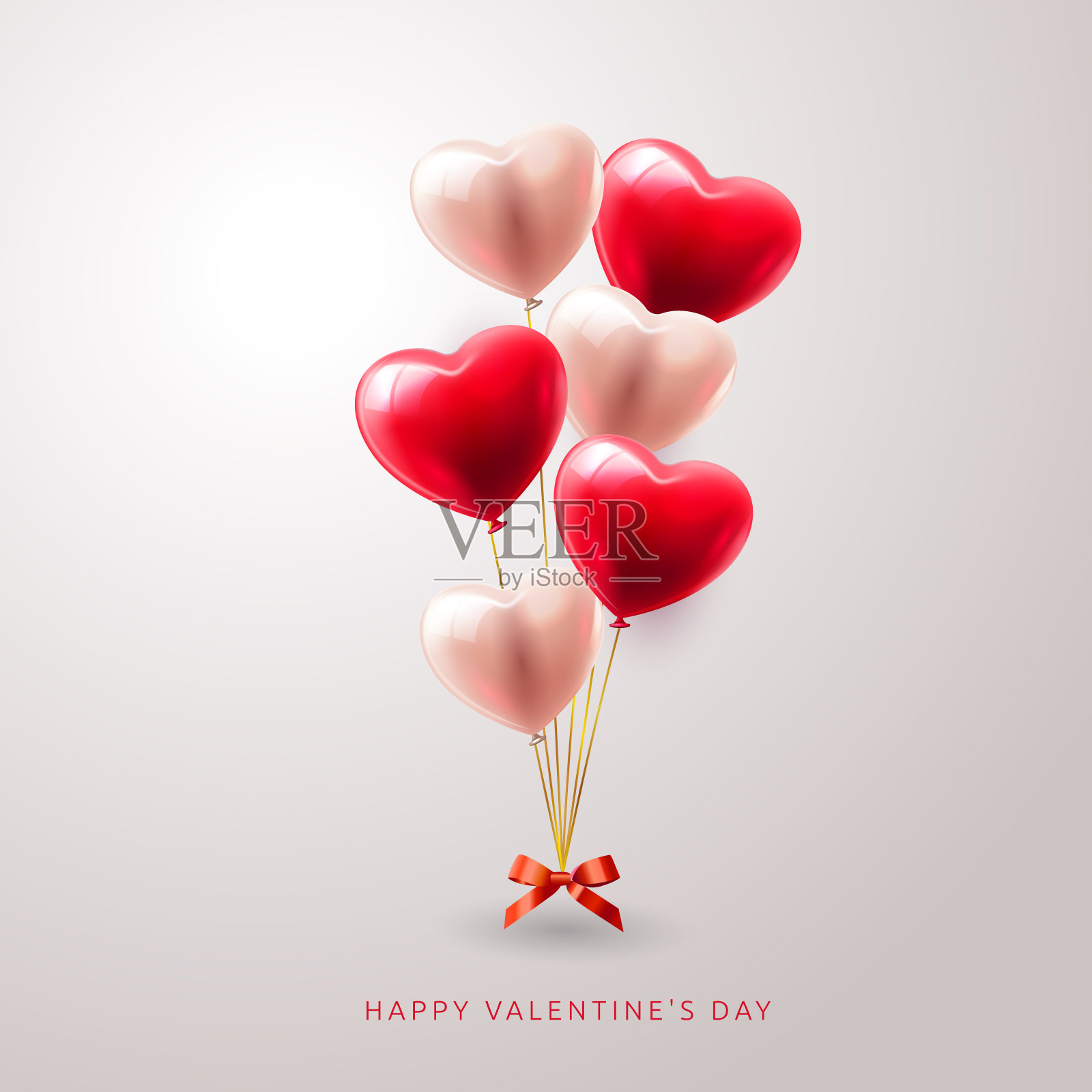 3D现实的红心气球飞行与爱的模式和快乐的情人节文本问候在背景。矢量图插画图片素材