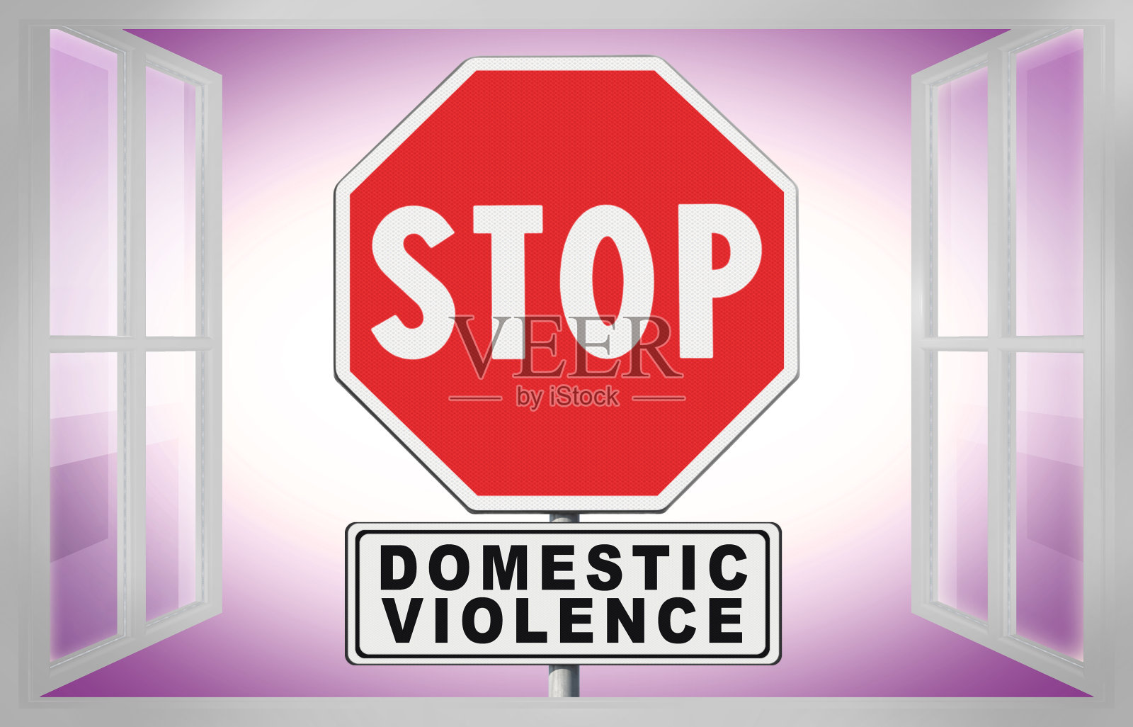 制止家庭暴力-概念图像与路标，文字和家的窗口插画图片素材