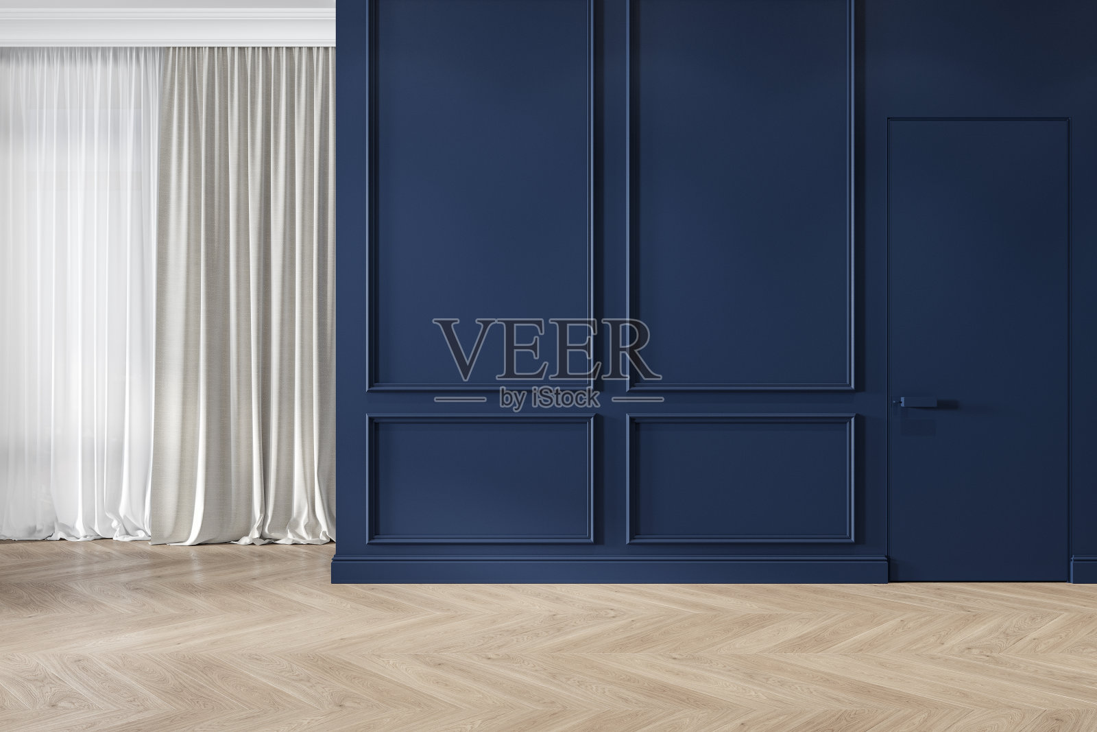 现代古典的蓝色内墙与线脚，窗帘，隐藏的门和木地板。照片摄影图片