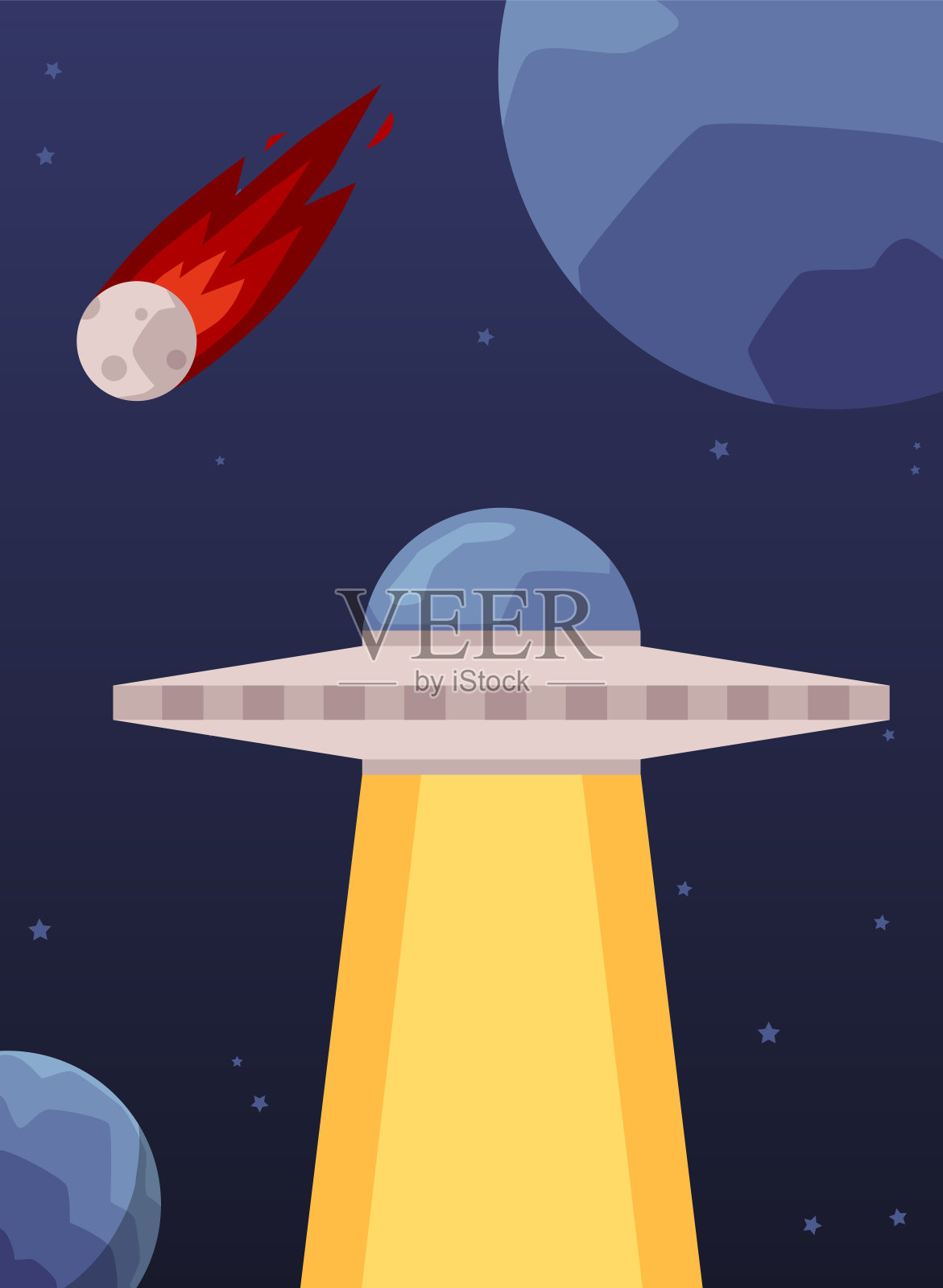 太空中的UFO -平面卡通海报与外星人飞船与光束插画图片素材