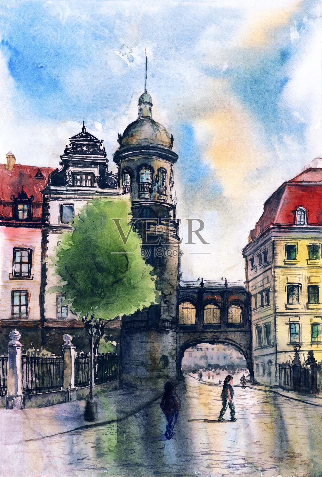 手绘城市景观。欧洲城市和旧建筑的插图插画图片素材