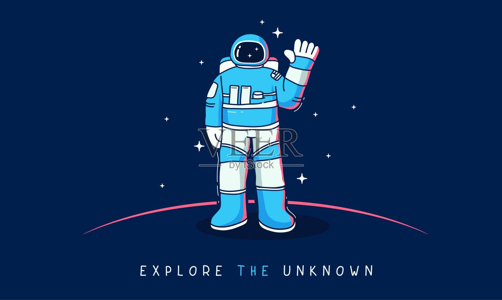 向量创造性的插图宇航员探索外太空在黑暗的背景与恒星和行星。宇航员穿着宇航服进行太空行走。插画图片素材