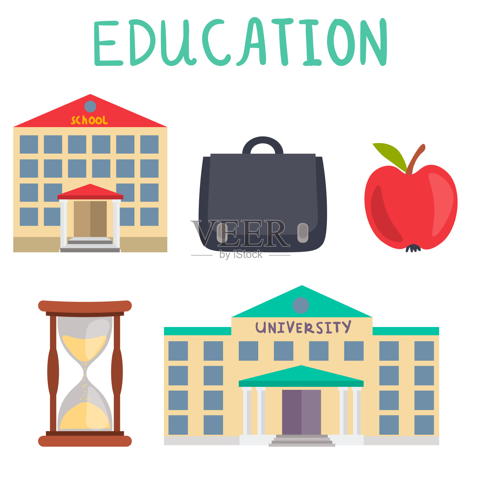 平直风格的一套教育元素。教学楼，大学，公文包，苹果和沙漏孤立在白色背景。矢量插图。设计元素图片