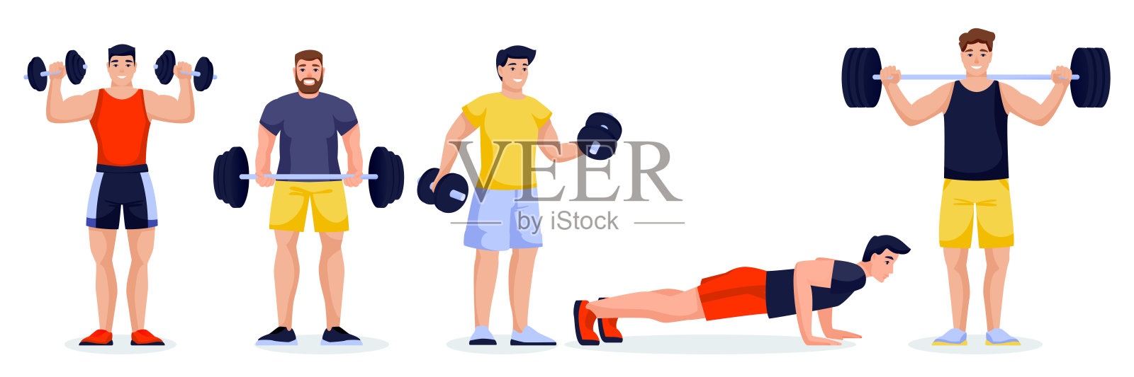 男性运动员在白色背景上摆出不同姿势。带有杠铃和哑铃的健身房角色。矢量图设计元素图片