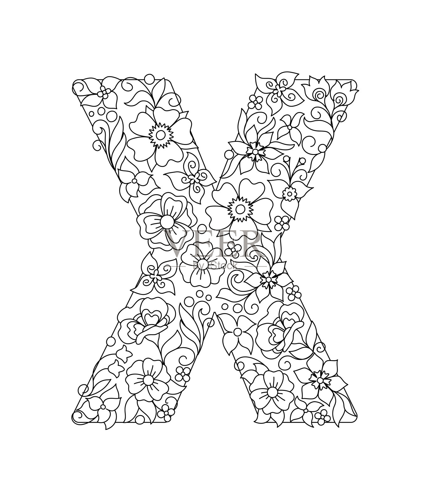 大写字母X与抽象的花图案设计元素图片