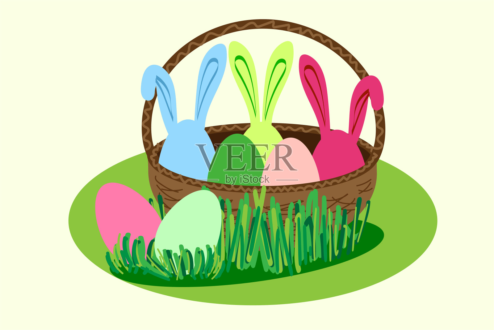 复活节彩蛋篮子。三个带兔耳朵的鸡蛋，两个躺在篮子旁边的草地上插画图片素材