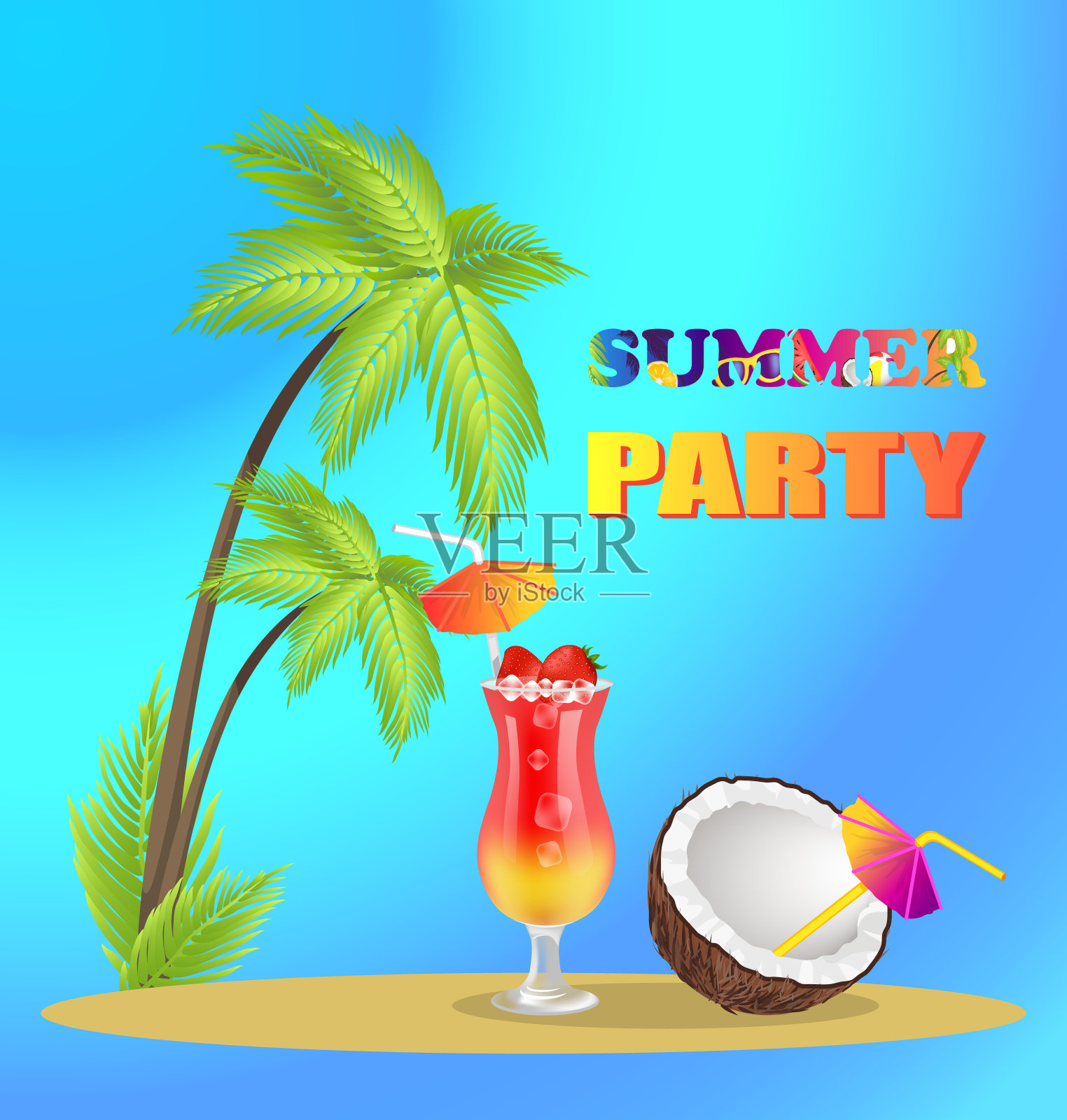 夏日派对广告横幅与高棕榈树插画图片素材