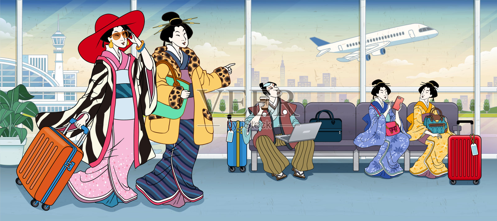 浮世贵客在机场候机楼插画图片素材