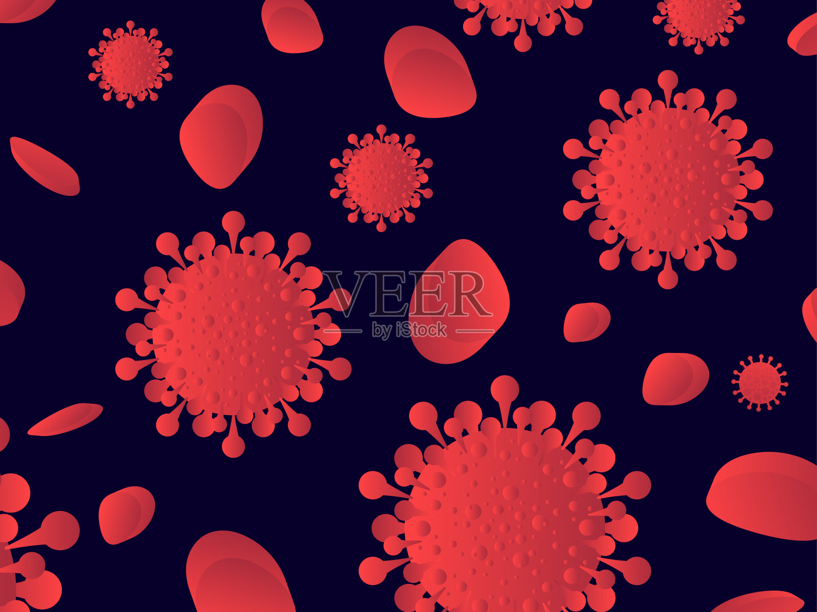 红细胞和病毒细胞无缝模式。COVID-19冠状病毒疾病。2019-nCoV，中东呼吸综合征。冠状病毒的大流行。矢量图插画图片素材
