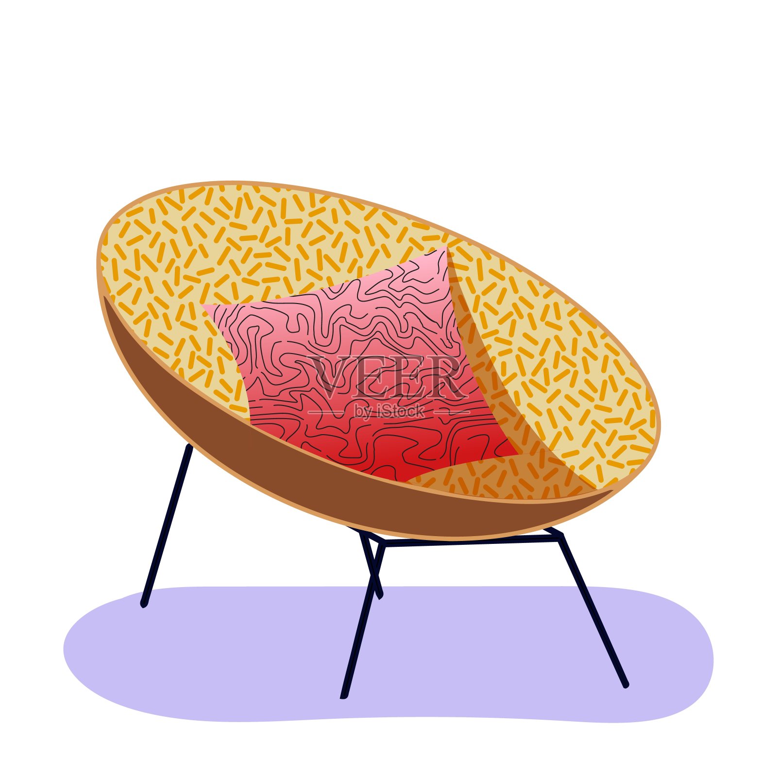 斯堪的纳维亚的平面风格。紫色地毯上，舒适的橙色扶手椅和红色枕头。孤立矢量插图，白色背景。室内装饰元素，温馨家居概念。客厅家具。插画图片素材