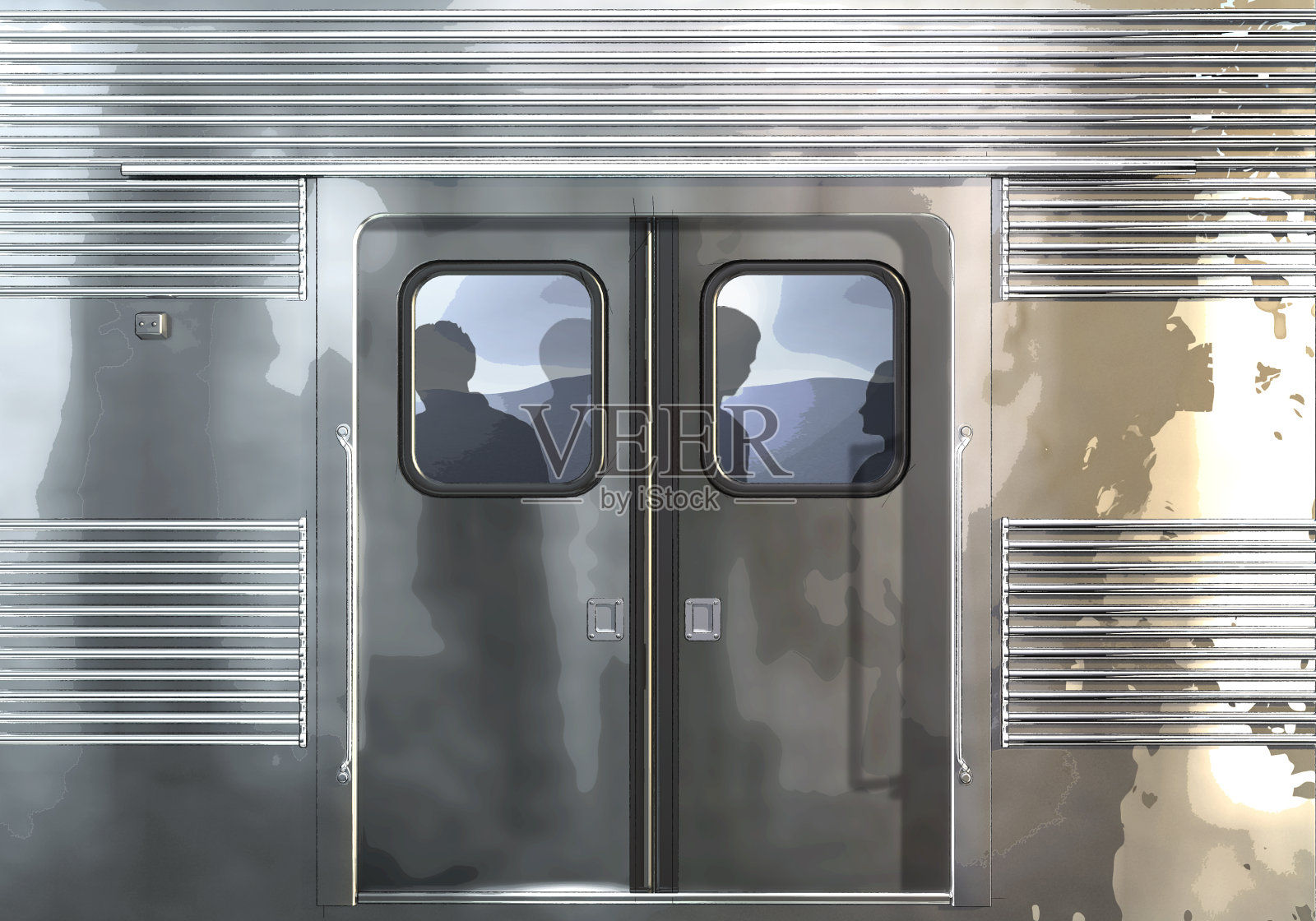 地铁车厢的特写，里面有门和人们的剪影插画图片素材