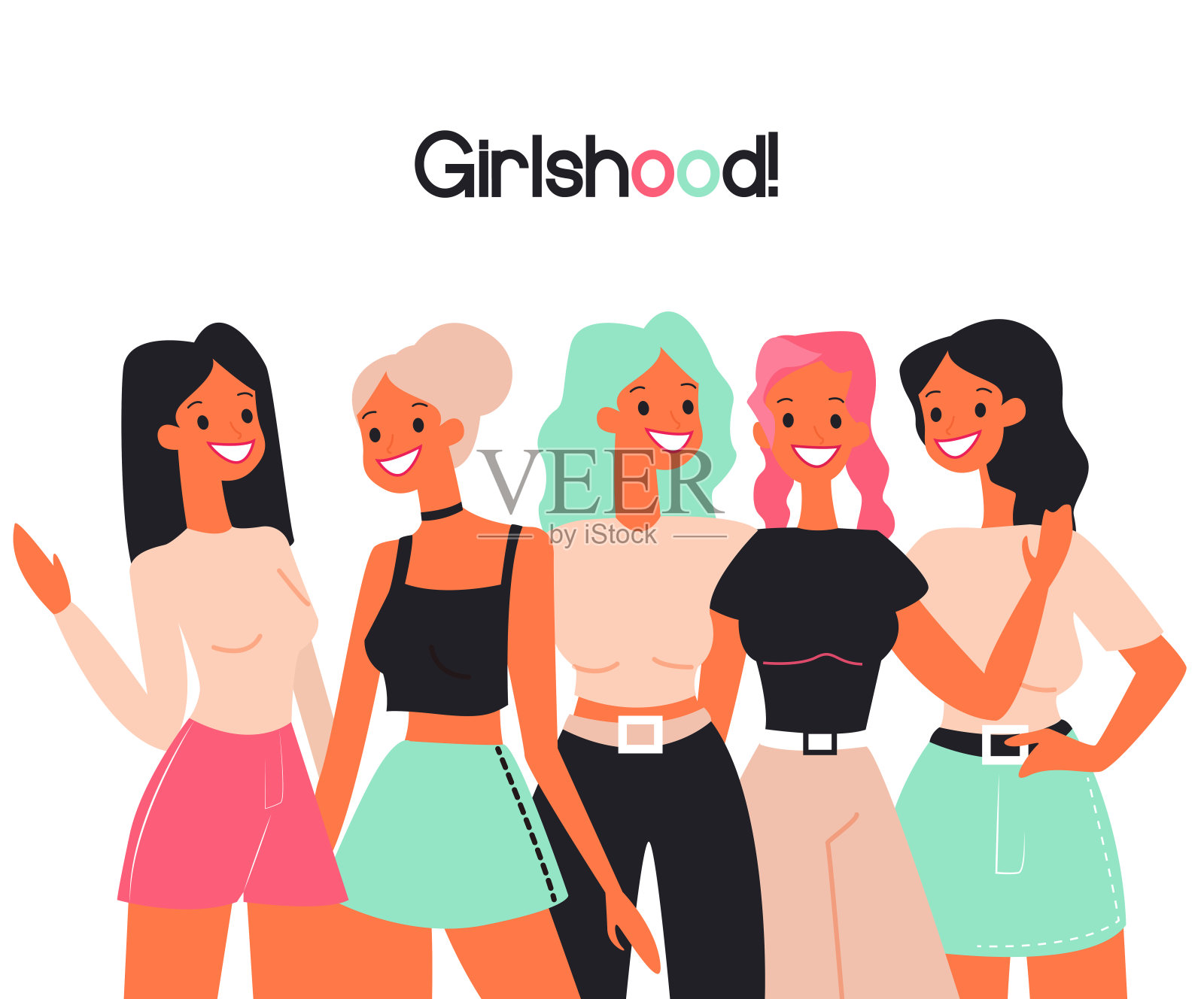 少女时代、女伴、女伴团队平面色彩矢量插画概念插画图片素材
