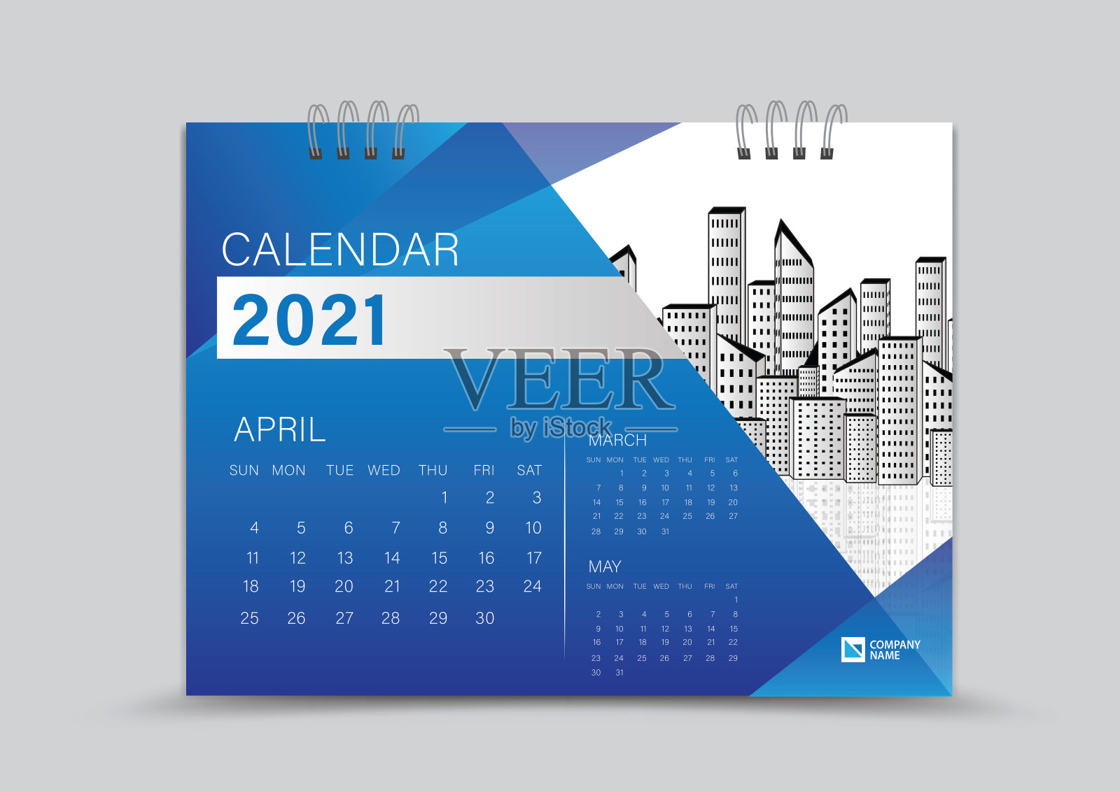 桌面日历2021创意设计可以放置照片和标志，周开始于周日，4月页矢量日历2021模板，蓝色渐变背景设计模板素材