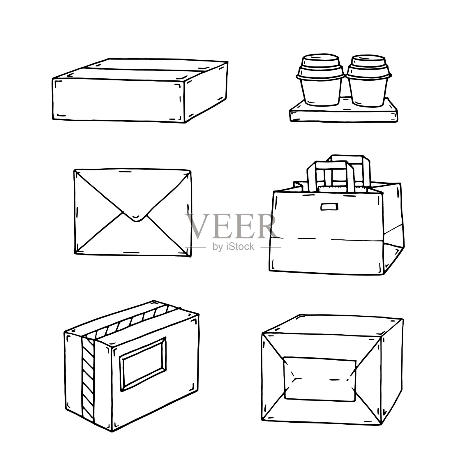 一套包裹盒子，信件和外卖包裹插画图片素材