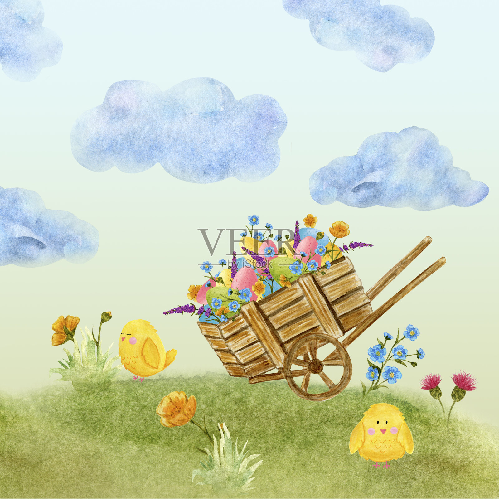 水彩复活节卡片，装有鸡蛋和野花的马车插画图片素材