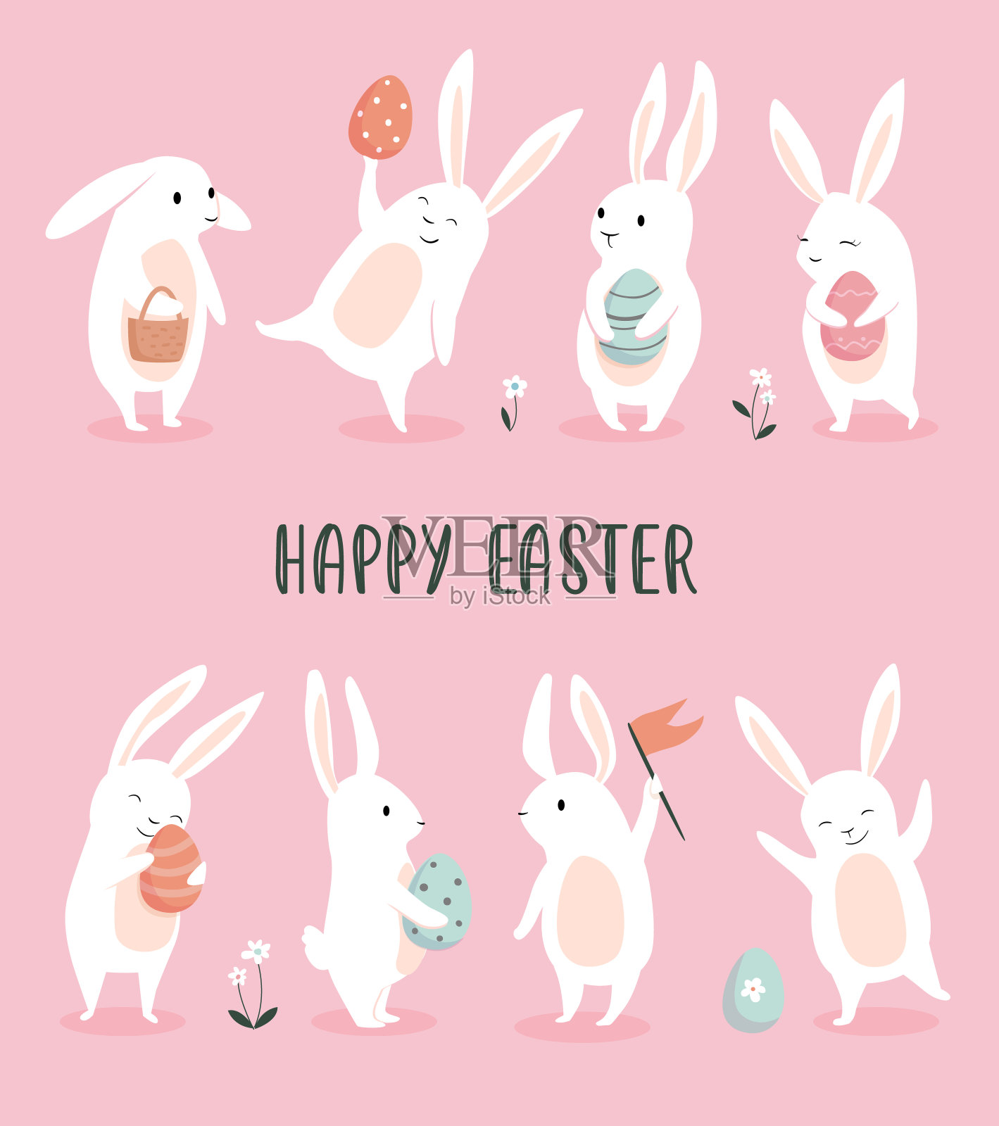 有可爱小兔子的复活节贺卡。插画图片素材