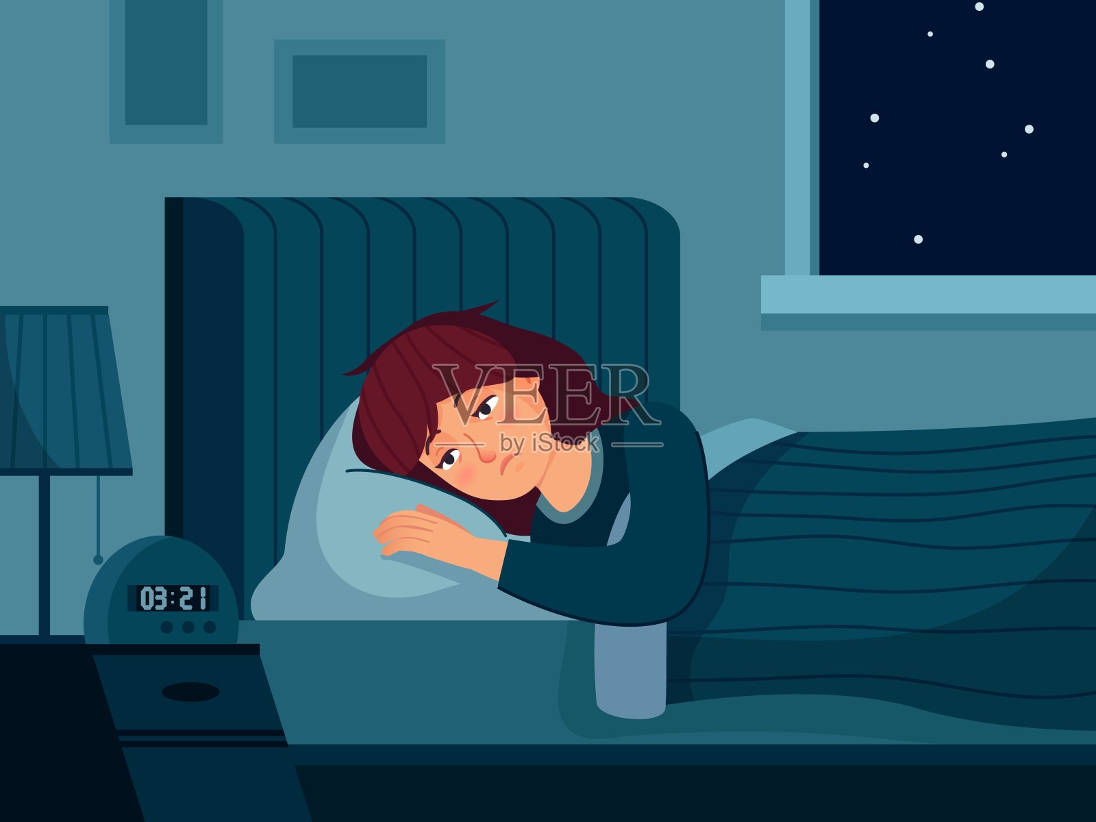 一个人晚上睡在床上，做梦插画图片素材_ID:402357437-Veer图库