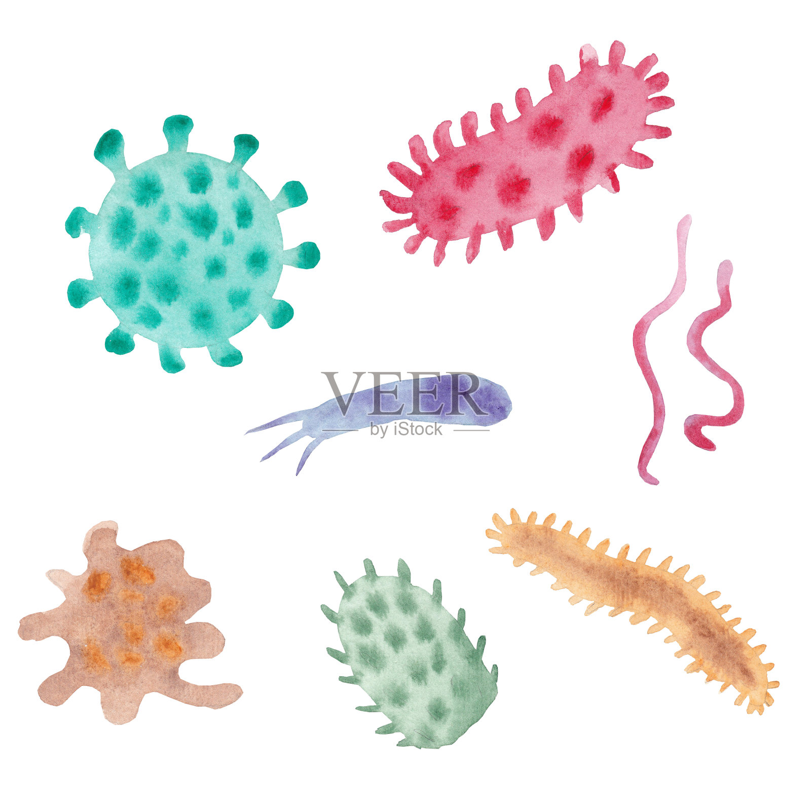 手绘水彩画病毒和细菌分离集。显微镜细胞疾病，病毒，细菌和微生物插图。微生物的概念。用于医疗海报、卡片的平面元素。插画图片素材