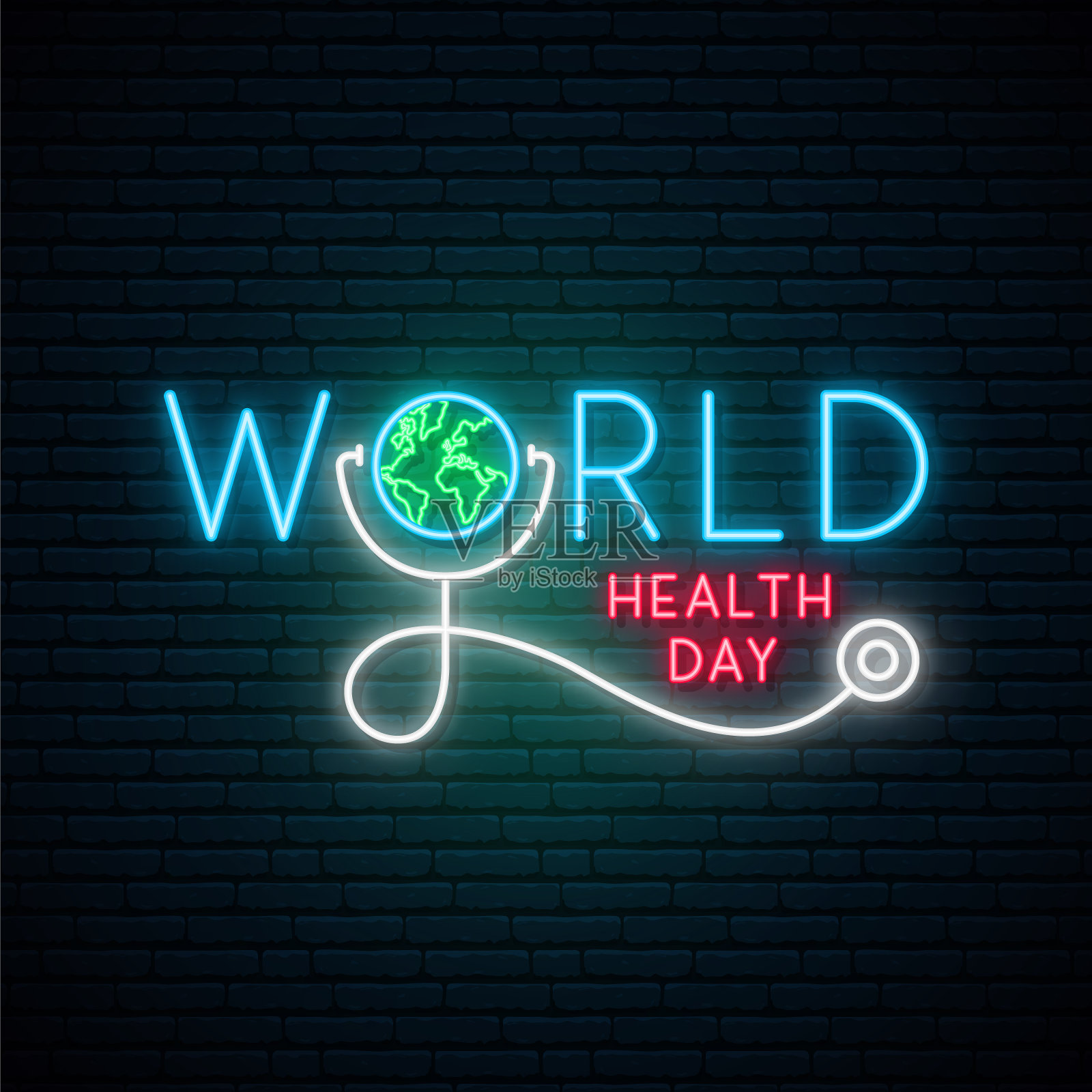 世界卫生日霓虹灯招牌。发光的霓虹灯医学概念标志与世界地图，听诊器和文字在砖墙的背景。矢量插图。插画图片素材