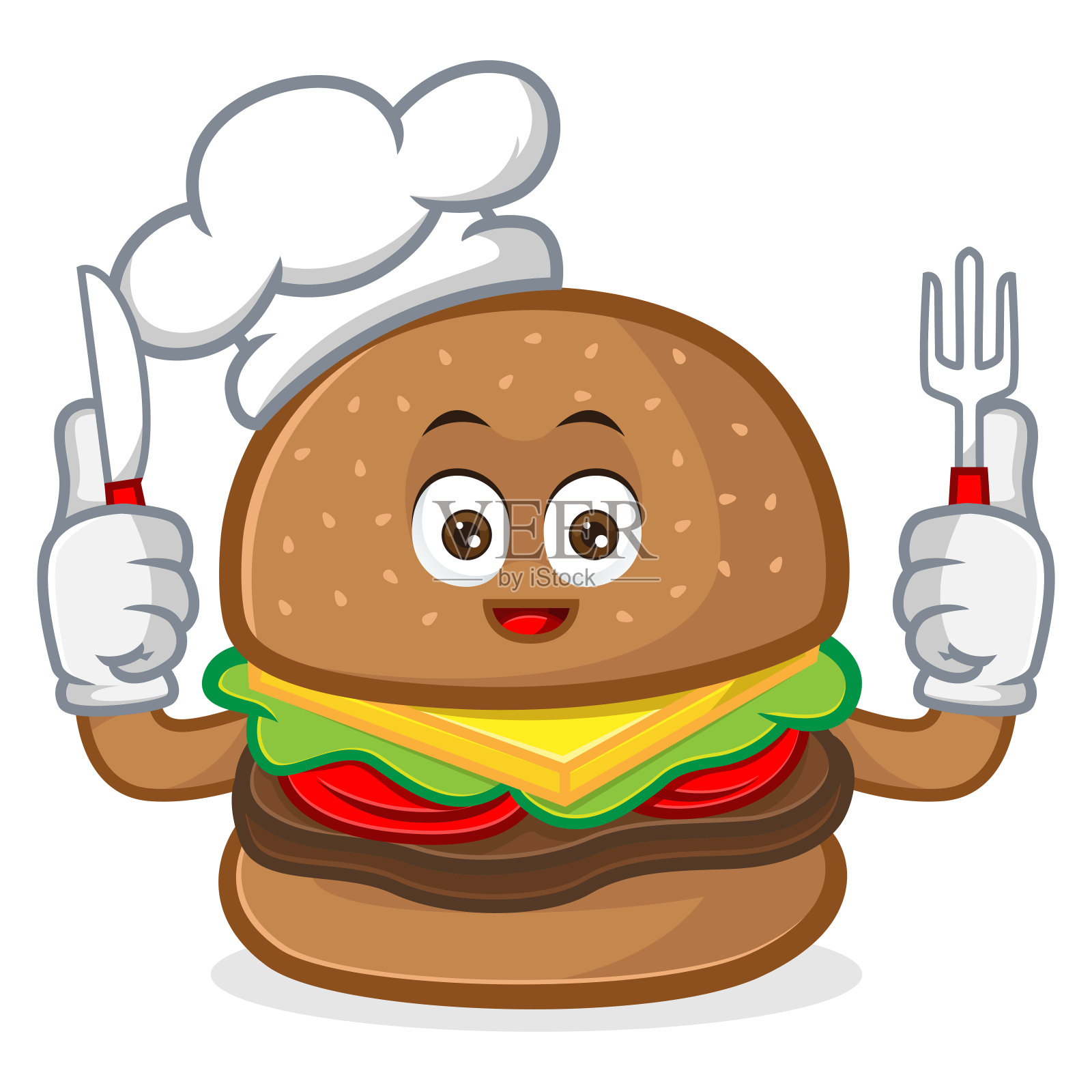 汉堡吉祥物卡通插图握叉和刀设计元素图片