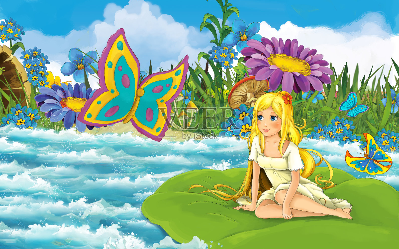 一个年轻美丽的小女孩在森林里的河流中航行的卡通场景，在树叶上用蝴蝶作插图插画图片素材