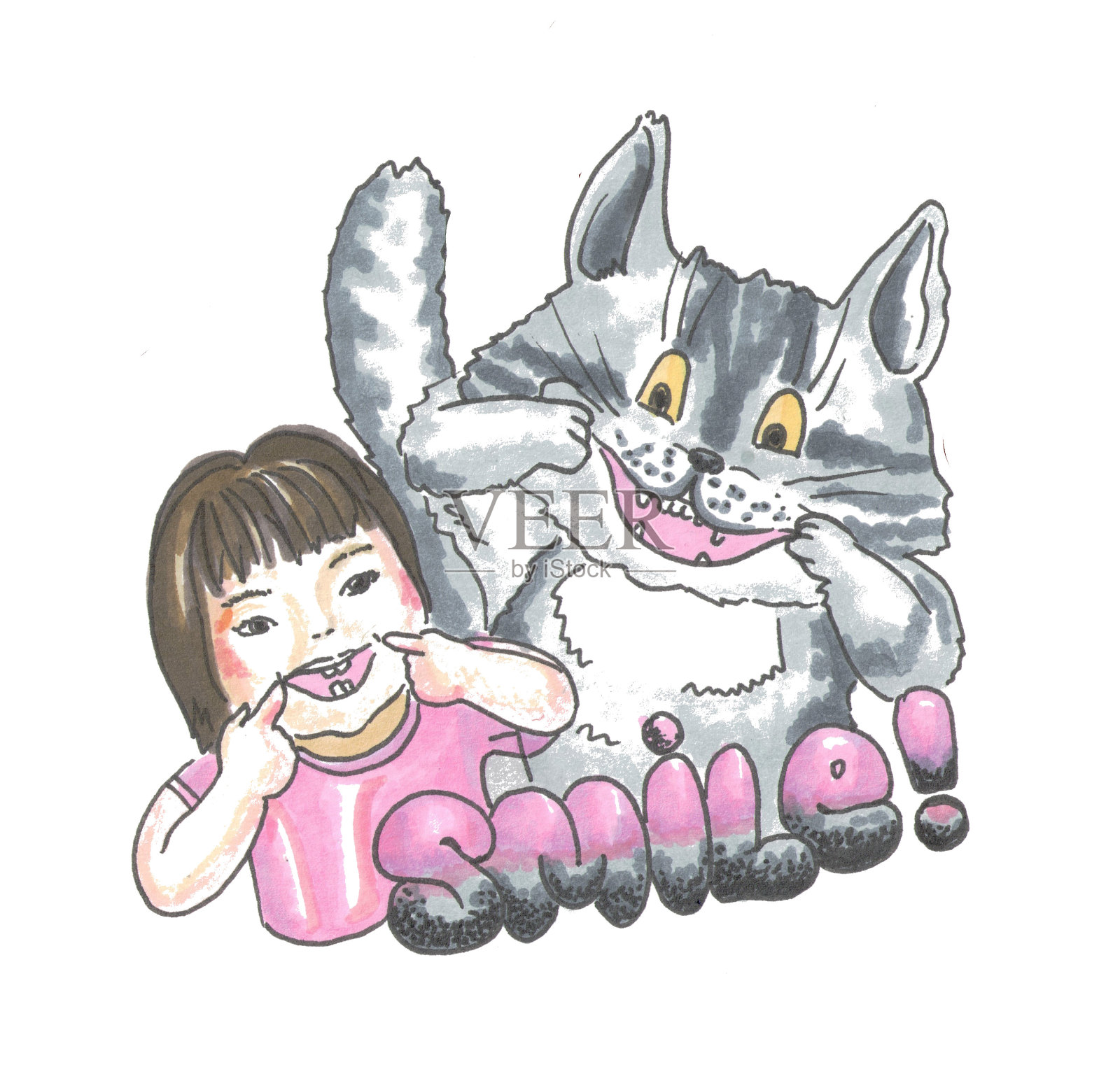 情绪微笑的字母女孩和猫插画图片素材