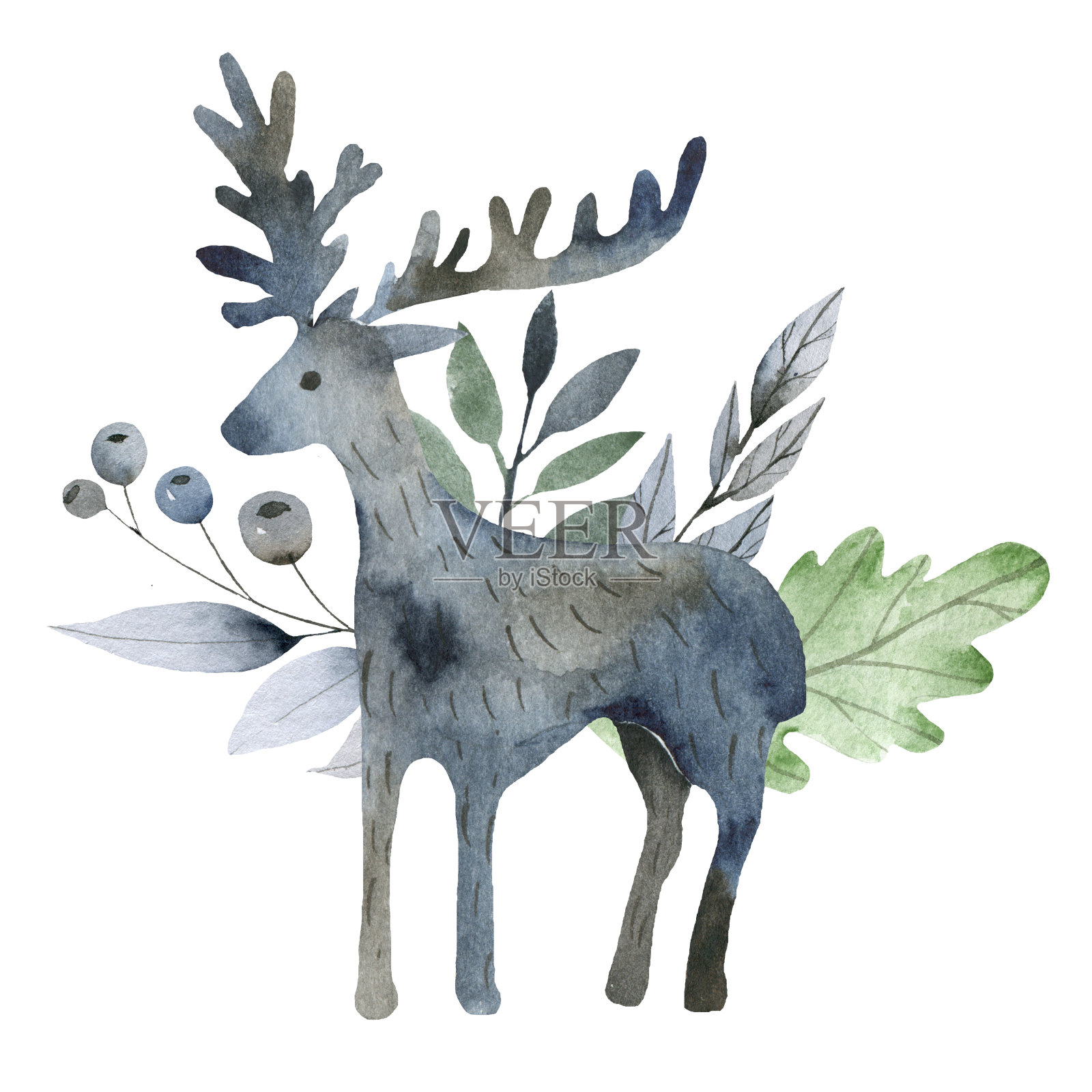 可爱的森林图标。斯堪的纳维亚水彩符号。森林装饰插画。森林野生动物设置图形。插画图片素材