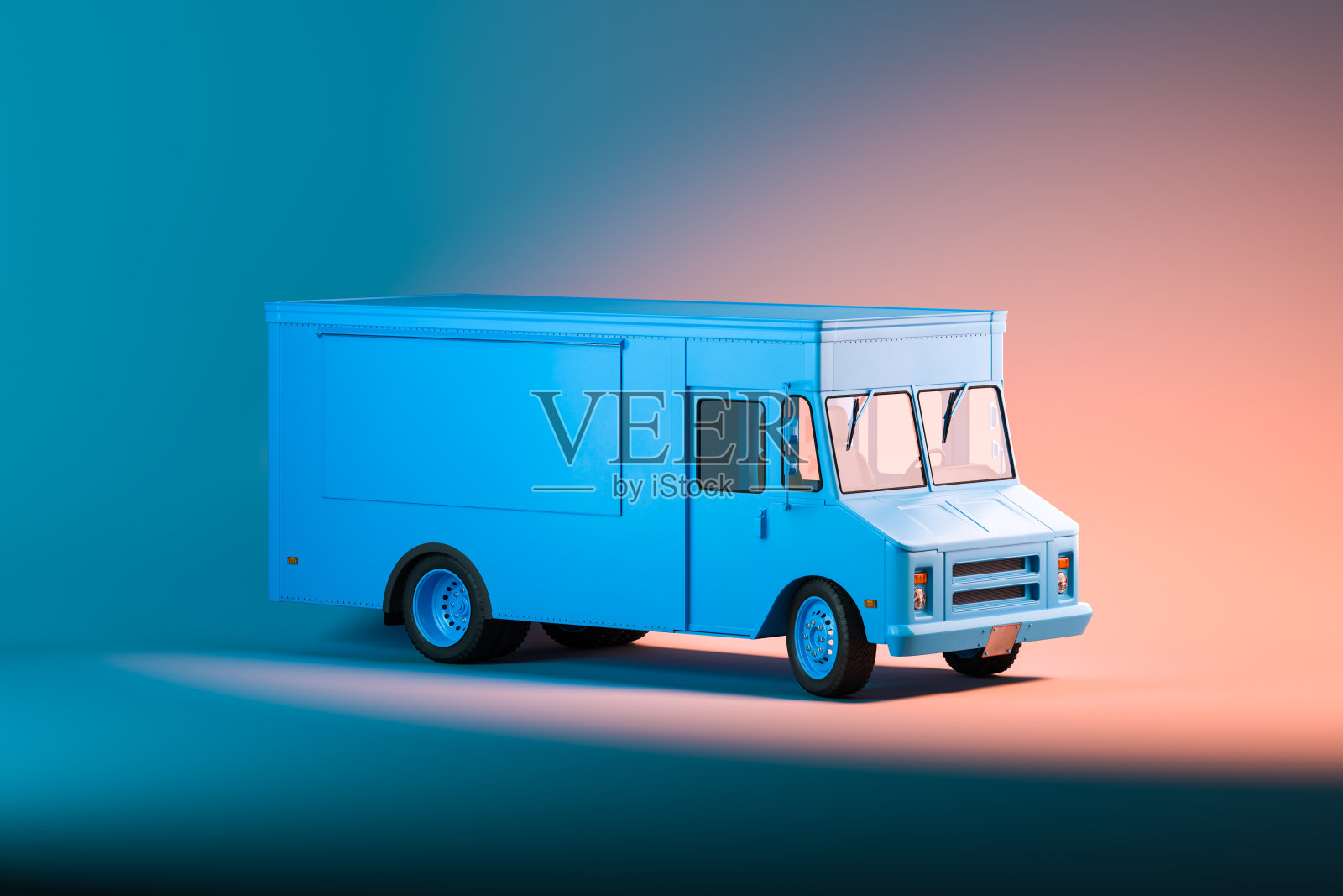 白色空白食品卡车与照明背景。外卖食品和饮料。3 d渲染。照片摄影图片