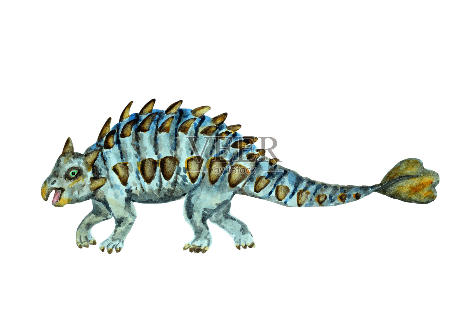 恐龙甲龙在白色背景上，手绘水彩画。设计元素图片