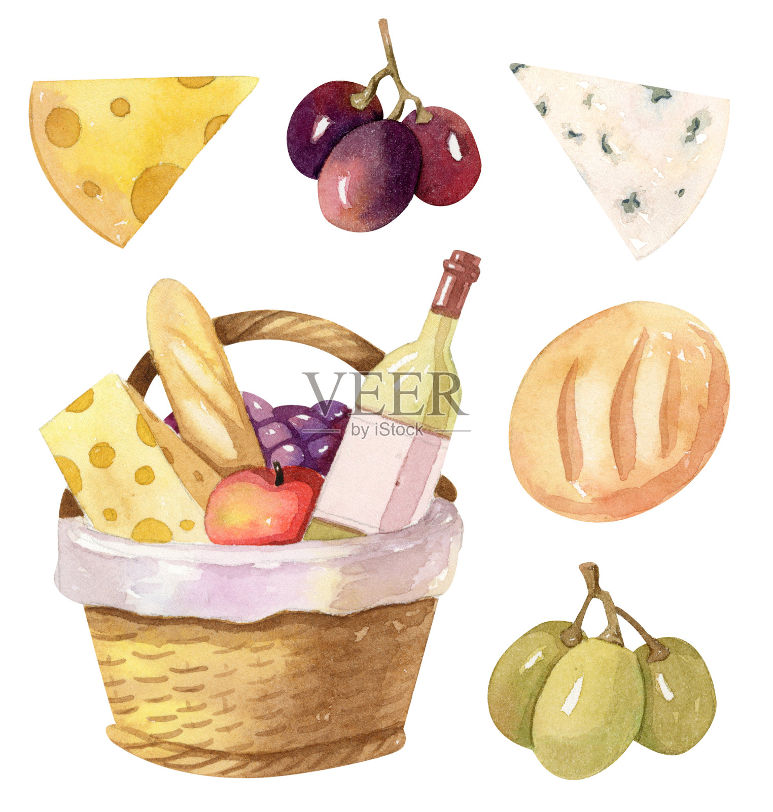 野餐篮子，葡萄酒，奶酪和面包插画图片素材