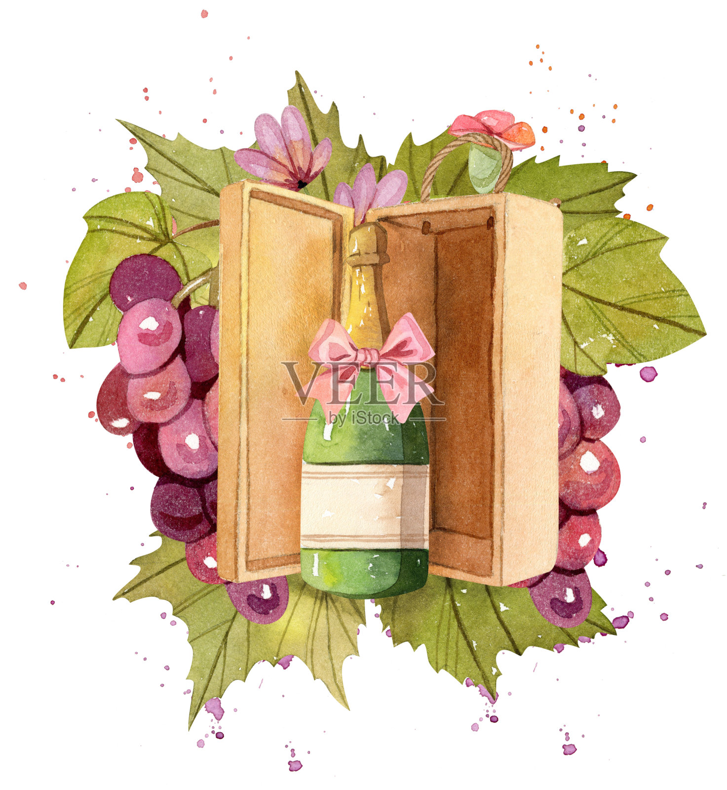 一瓶葡萄酒在一个木盒-水彩插图插画图片素材