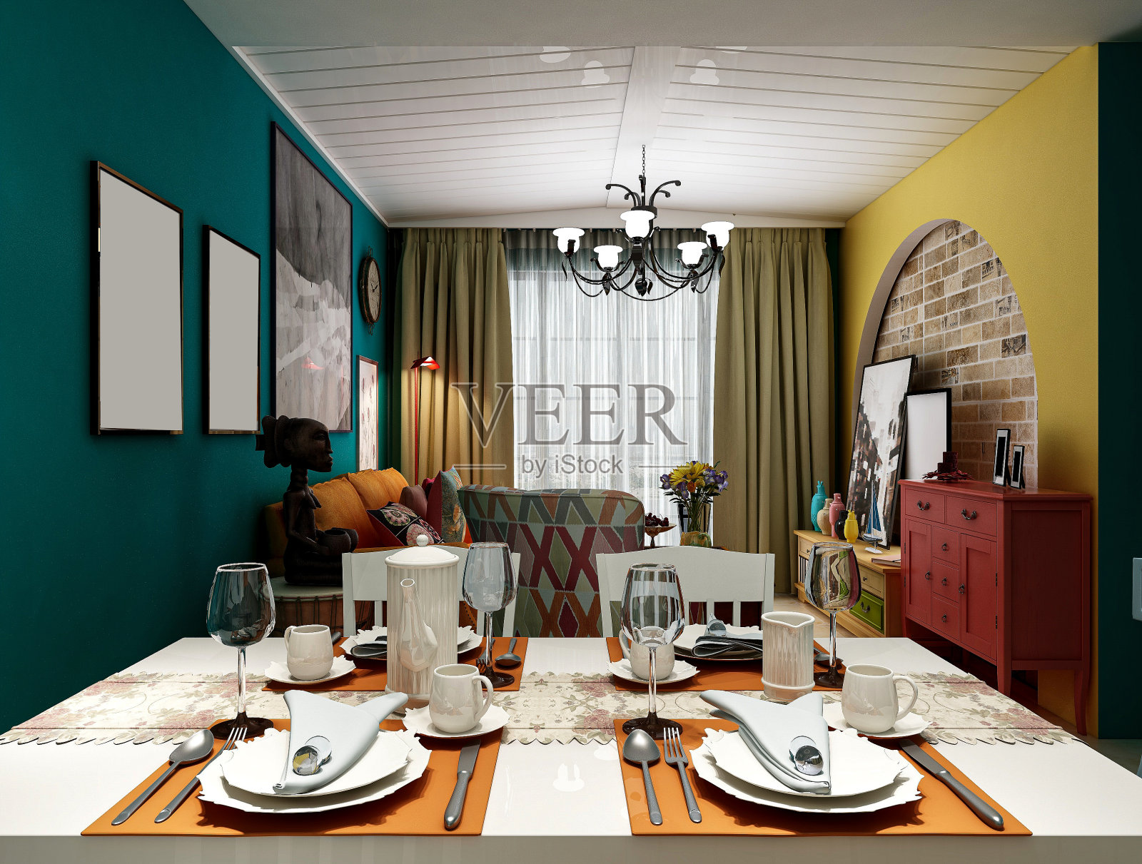 3D渲染，用餐区设计异国情调的颜色，木制餐桌和椅子照片摄影图片