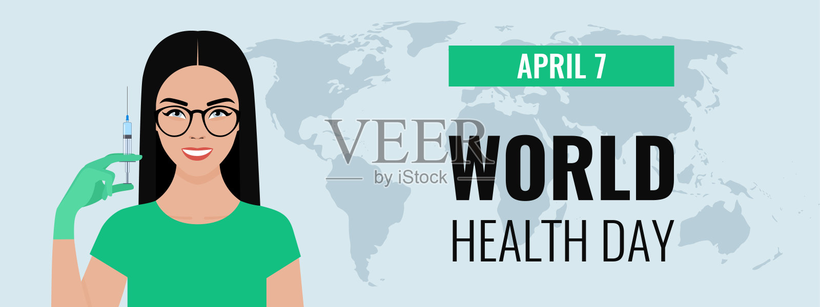 一名女医生手持一个装有疫苗的注射器，上面写着“4月7日，世界卫生日”。宣布世界卫生日的概念。矢量平面插图。插画图片素材