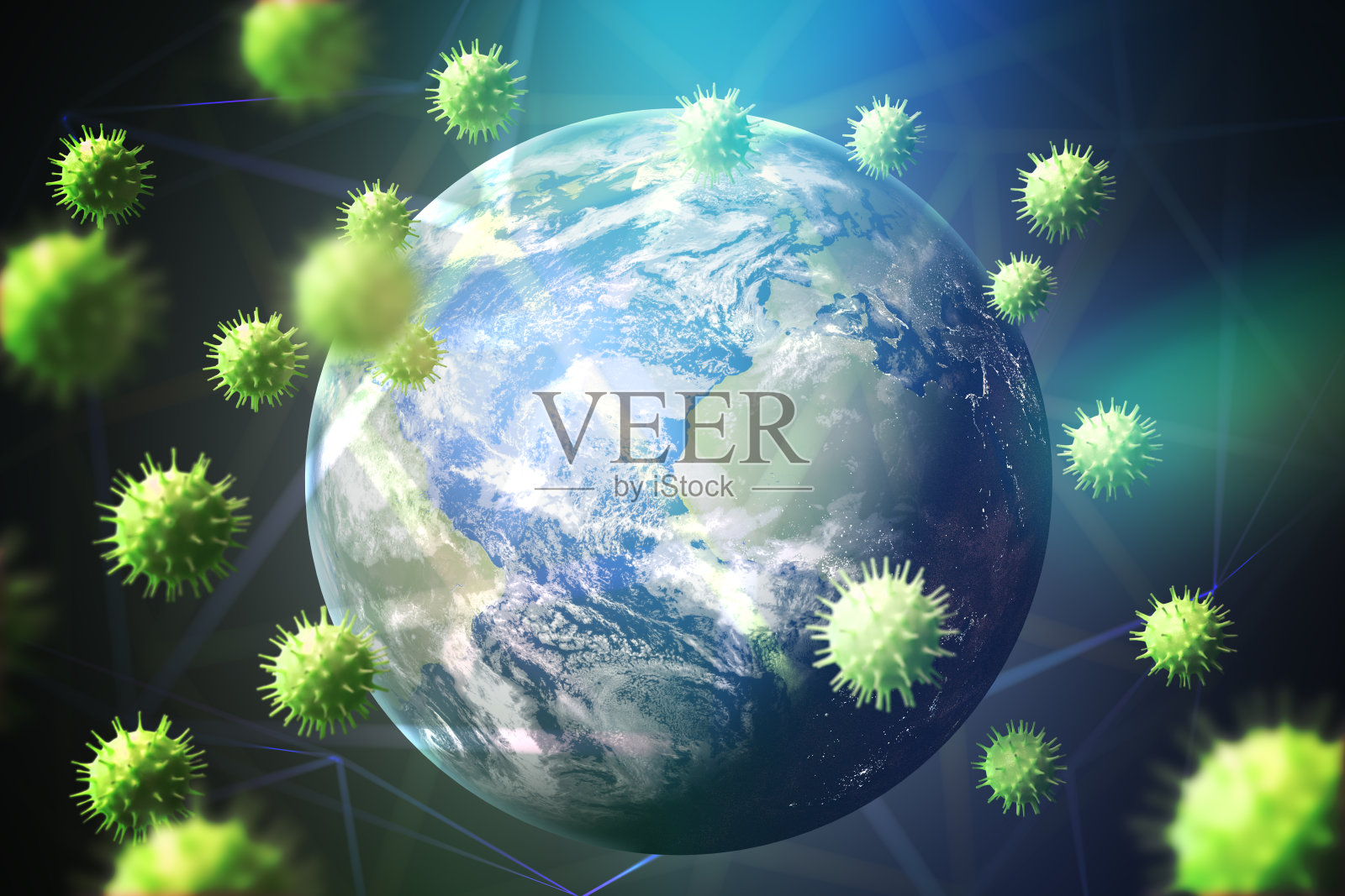冠状病毒全球大流行概念。许多导致COVID-19疾病的病毒环绕地球飞行。照片摄影图片